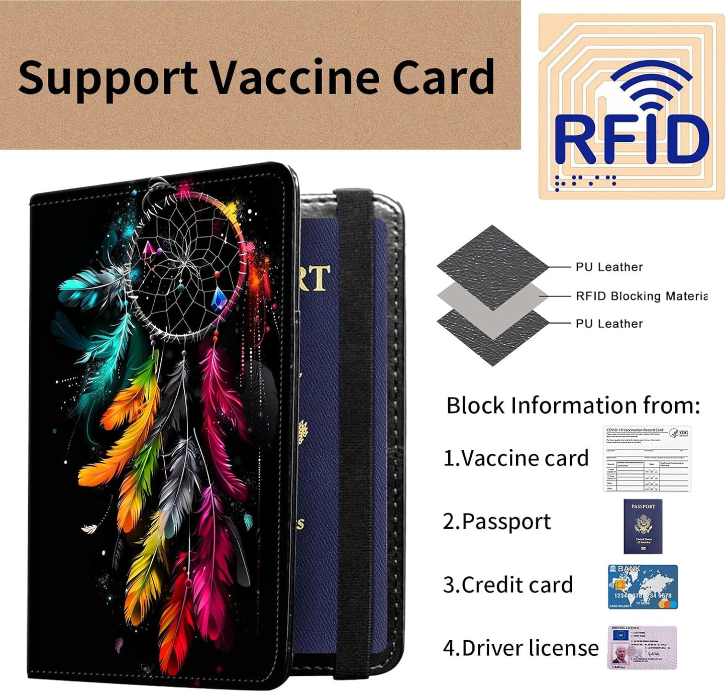 Passport and Vaccine Card Holder Cover Combo,Travel Passport Holder Wallet with RFID Blocking, Leather Vaccine Card Slot Passport Cover Case for Women & Men,Colorful Dreamcatcher Feather
