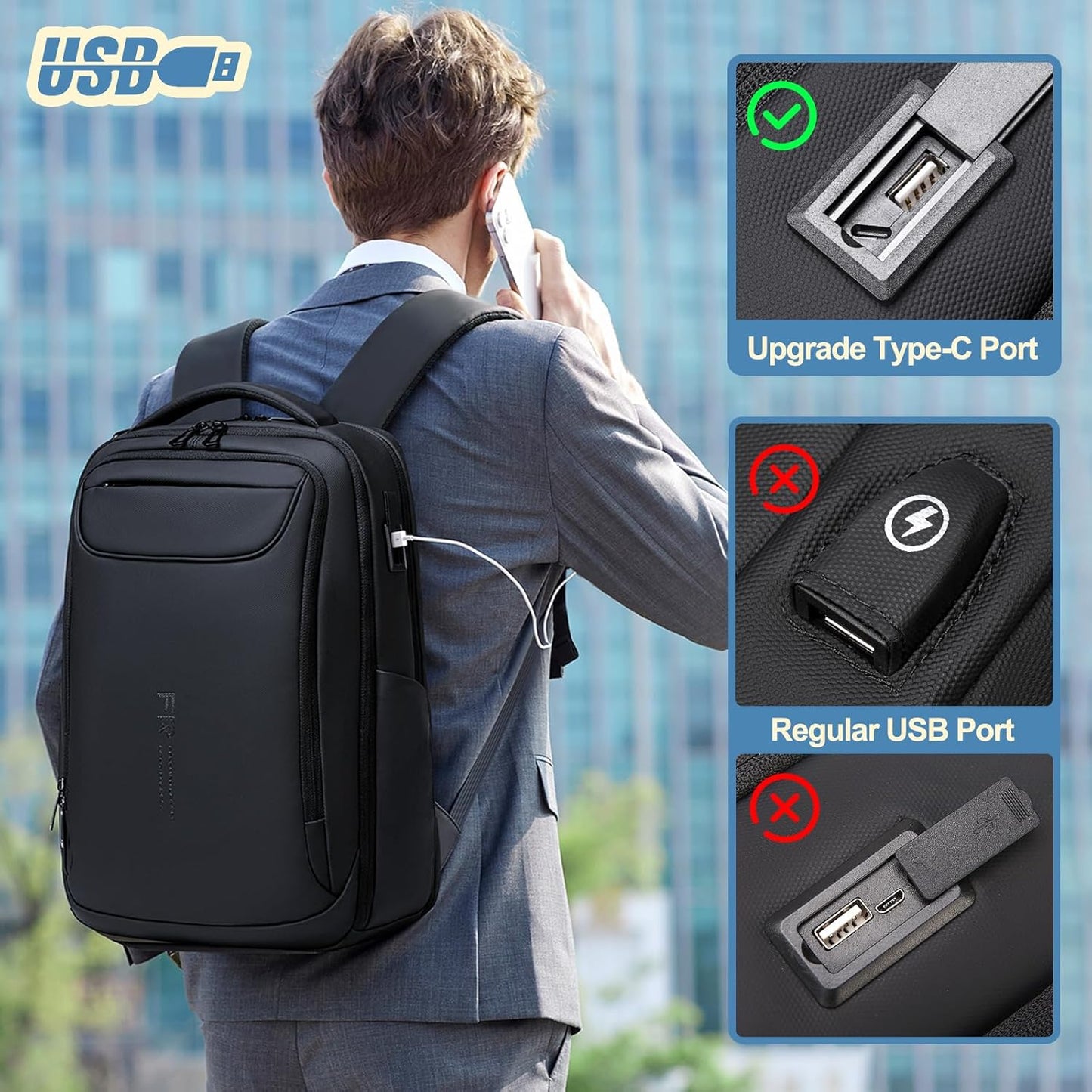 FENRUIEN Business Backpack for Men,Water Resistant Tech Backpack with Charger,Black Laptop Backpack 15.6 Inch