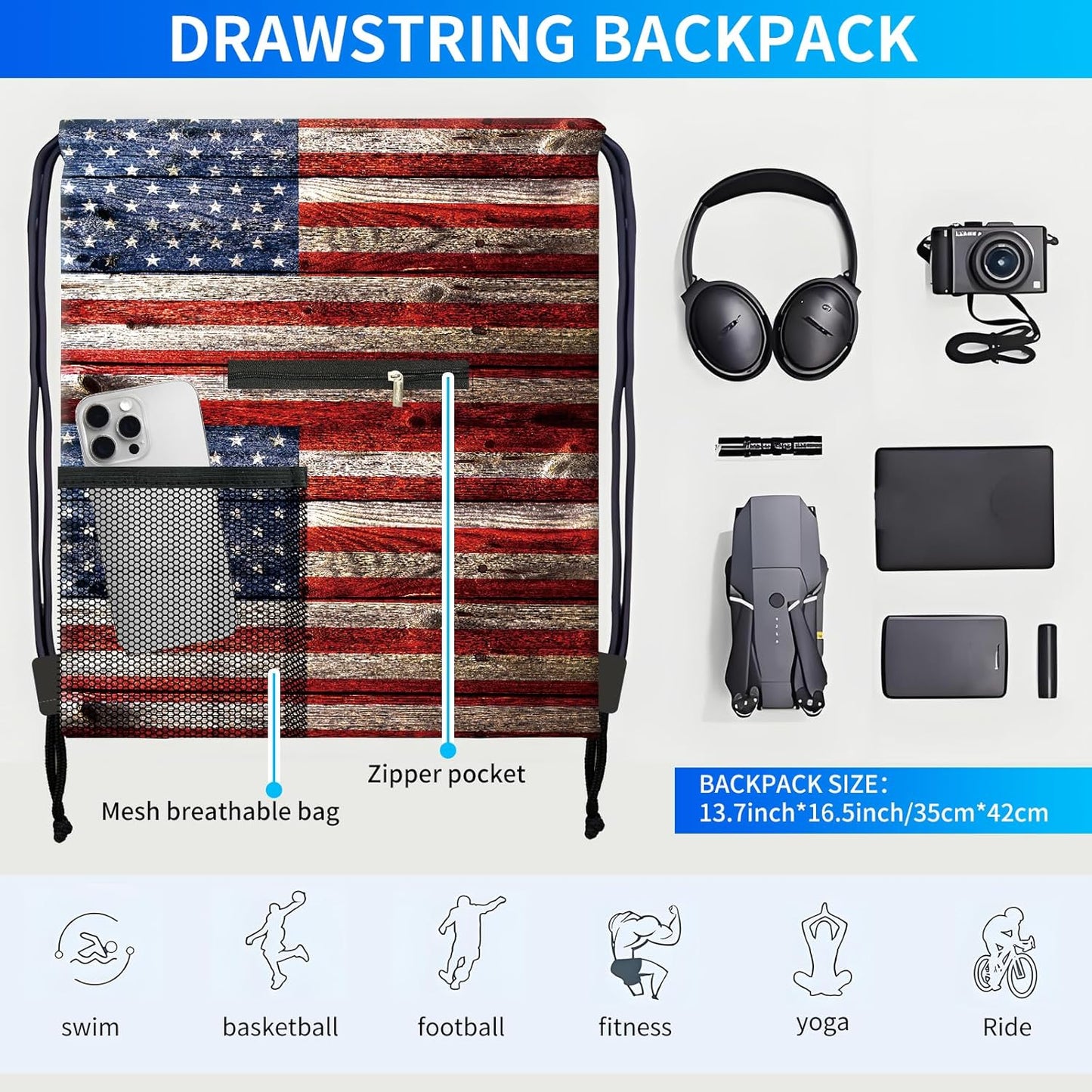 Drawstring Backpack Sports Gym Bag, Large String Swim Bag for Beach With Water Bottle Mesh Pocket, Cute Gym Sack with Zipper Pocket for Men Women Cute Flag