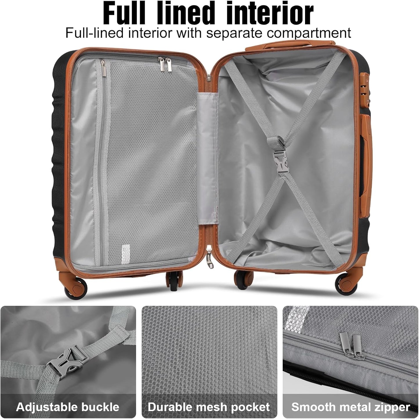 LONG VACATION Carry On Luggage Sets 3 Piece 20 Inch Suitcase Set, ABS+PC Hardshell Lightweight Travel Luggage with Spinner Wheels & YKK Zipper TSA Lock (BLACK-BROWN, 20 Inch)