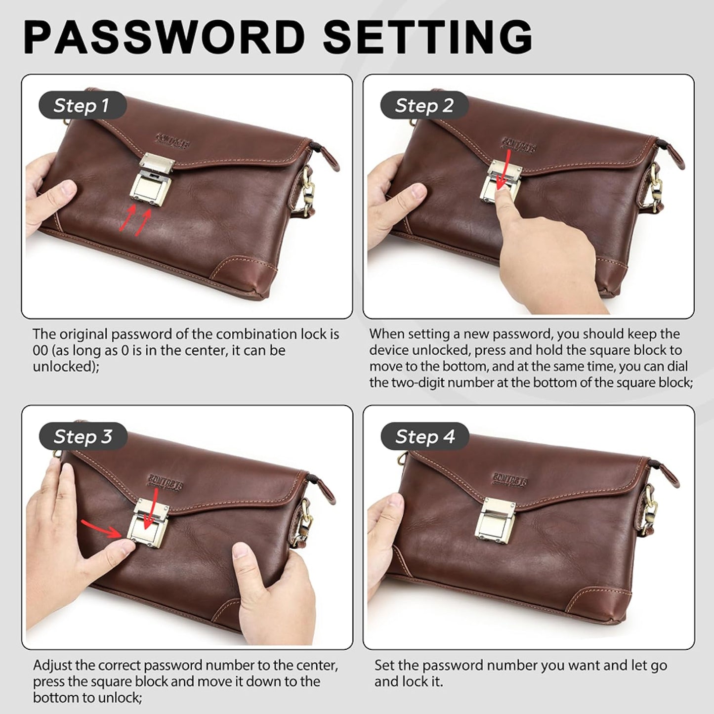 Top Grain Genuine Leather Handbag Wallet for Man & Woman, Handmade Retro Design, Combination Lock & Adjustable Shoulder Strap & Wristlet, Portable Handbag for Cards/Checks/Phone/Banknote, Dark Coffee