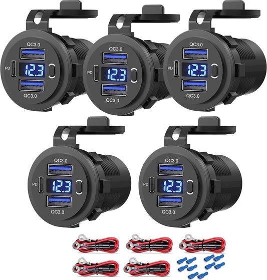 Zennova [5 Pack] 12v USB Outlet, Dual USB Quick Charge 3.0 Port and PD USB C Car Charger Socket Waterproof with Voltmeter and Power Switch for Car Golf Cart Boat Marine Bus Truck RV Marine Motorcycle