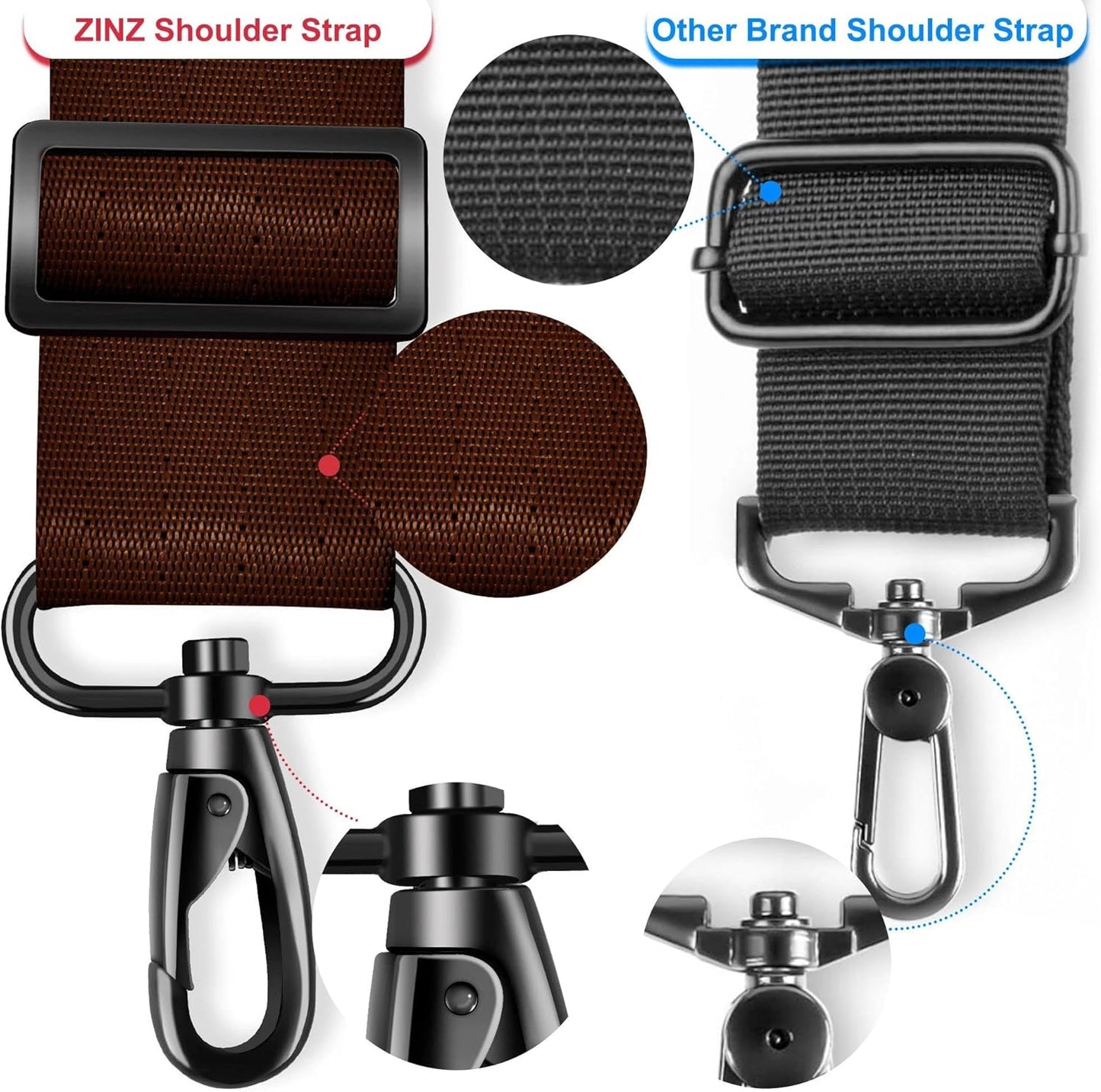 ZINZ Shoulder Strap - 59 Inch Universal Heavy-duty Adjustable Strap with Ultra-thick Fixed Breathable Pad for Laptop, Gym, Camera Bag and More -Brown