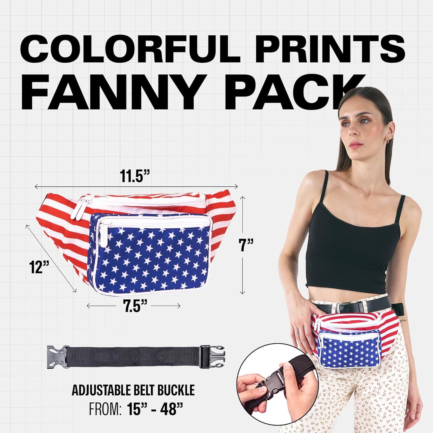 American Flag - 4th of July Fanny Pack Belt bag - Crossbody Waist Bag for Men or Women - Hands-Free, Waterproof Large Bumbag for Hiking, Running, and Travel