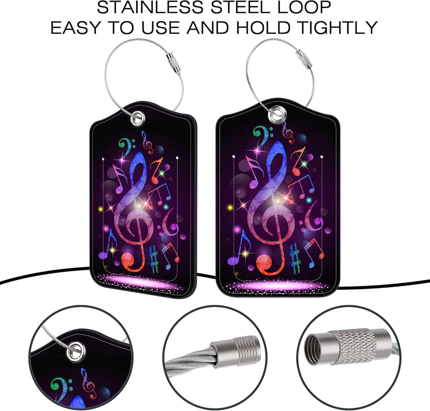 2 Pack Luggage Tags for Suitcase,Colorful Music PU Leather Idea Baggage Tag with Name Labels Privacy Cover Metal Ring Men and Women Travel Cruise Labels