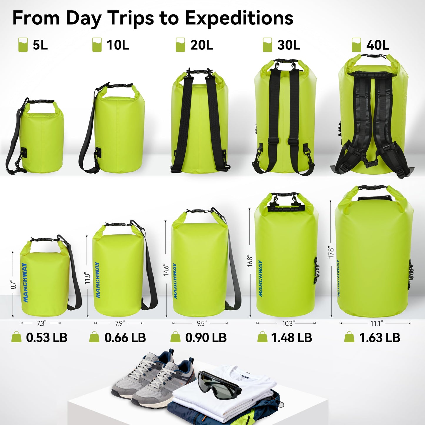 MARCHWAY Floating Waterproof Dry Bag Backpack 5L/10L/20L/30L/40L, Roll Top Sack Keeps Gear Dry for