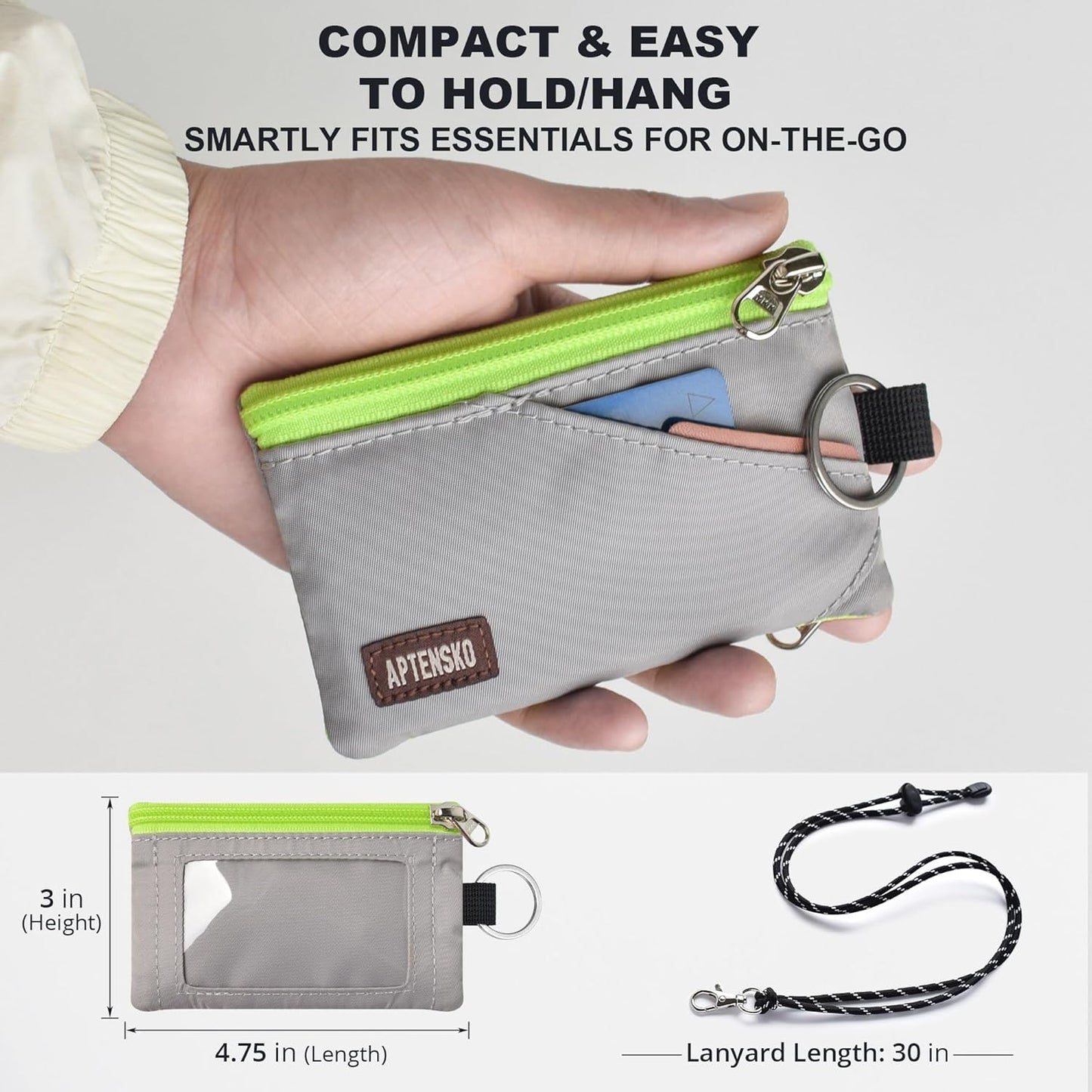 RFID Travel Wallet with Adjustable Lanyard-Zipper Small Wallet with ID Card Holder, Keychain for women&men-Minimalist Slim Waterproof Nylon case for ID, Cash, Key (Grey)