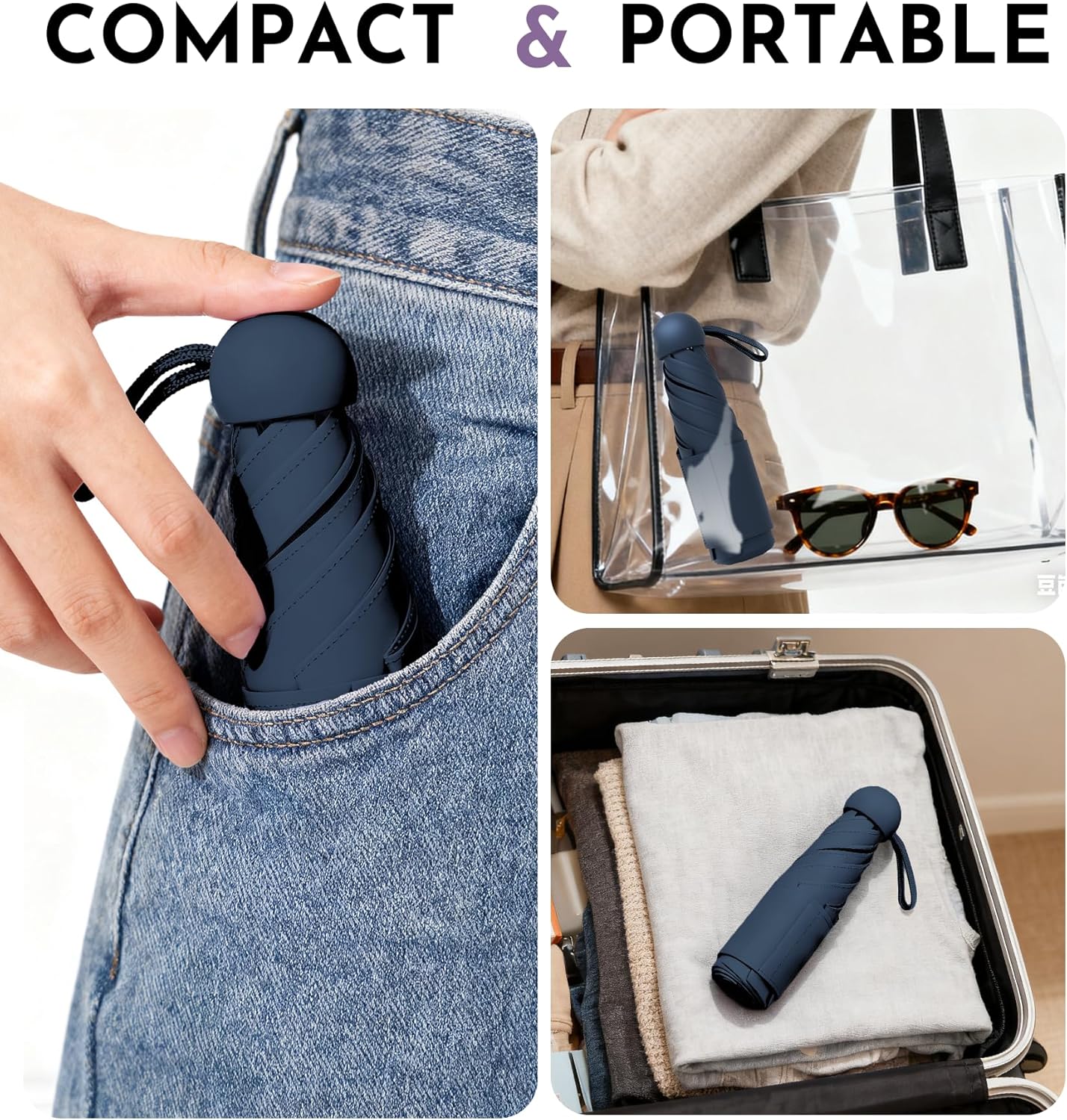 Travel Mini Umbrella Compact Small & Lightweight, UV Rain Protection, Pocket-Sized Folding