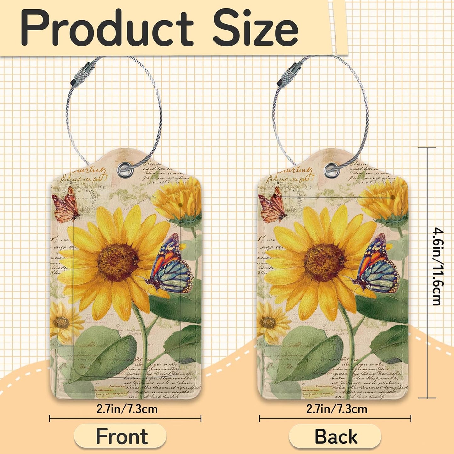 Sunflower Floral Luggage Tag for Suitcase,Design with Privacy Flap Name ID Label Metal Loop, 3 Pack