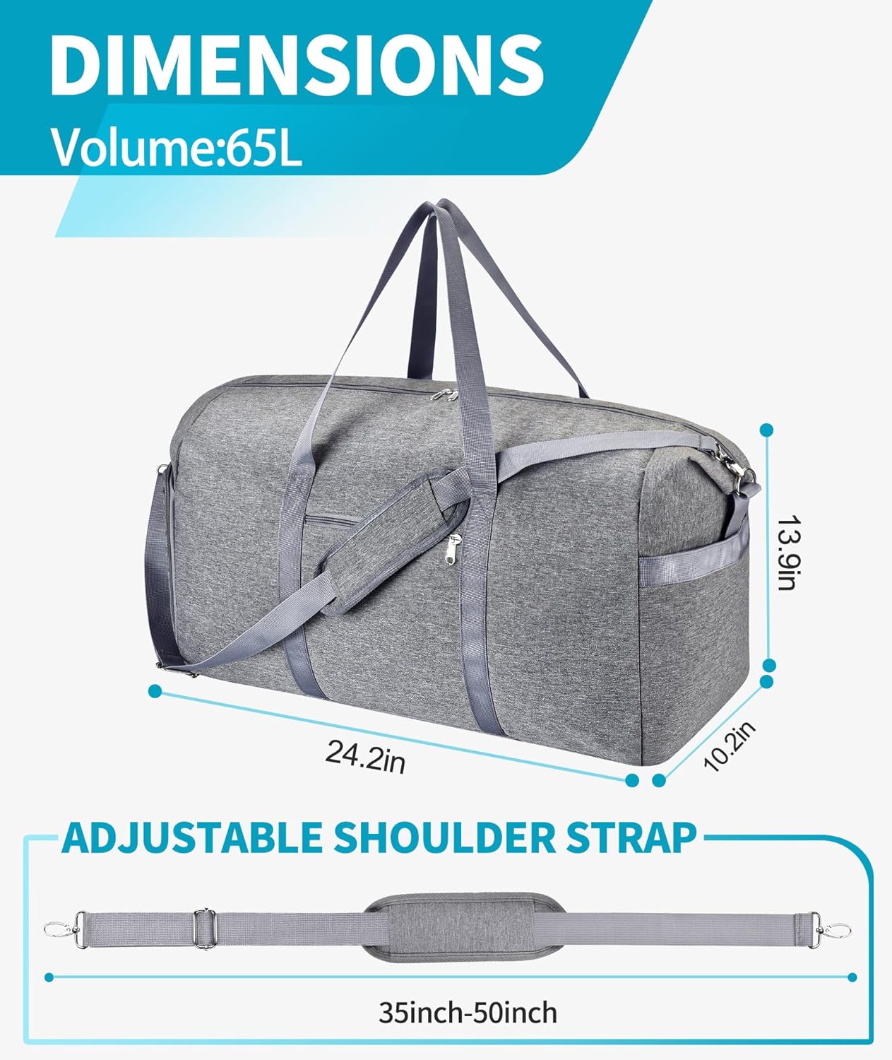 Felipe Varela 65L Duffle Bag with Shoes Compartment, Foldable Carry on Bag Travel Duffel Bags