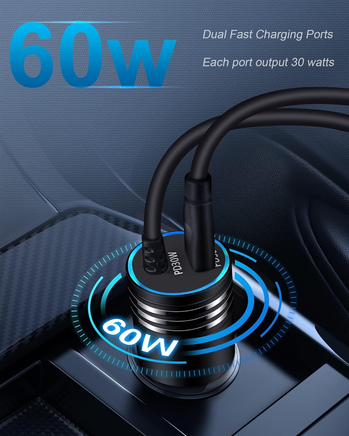 iPhone 16e 17 Car Charger USB C, 60W Dual PD Super Fast Charging Car Adapter with Coiled USB-C Cable for Apple 17/16 Pro Max/16 Pro/15 Plus/15 Pro, iPad mini/Air/Pro 11 inch, Type C cargador para Car