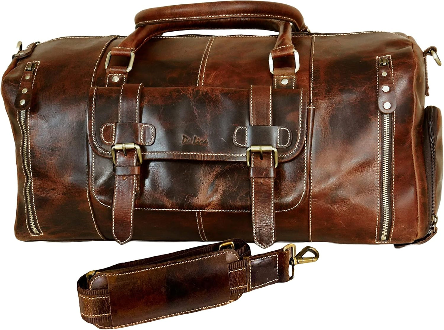 Genuine Full Grain Leather Carry On Travel Bag 21x11x10 with Trolley Straps, Shoe Compartment, Shouler Strap by De Lira