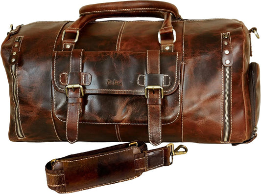 Genuine Full Grain Leather Carry On Travel Bag 21x11x10 with Trolley Straps, Shoe Compartment, Shouler Strap by De Lira