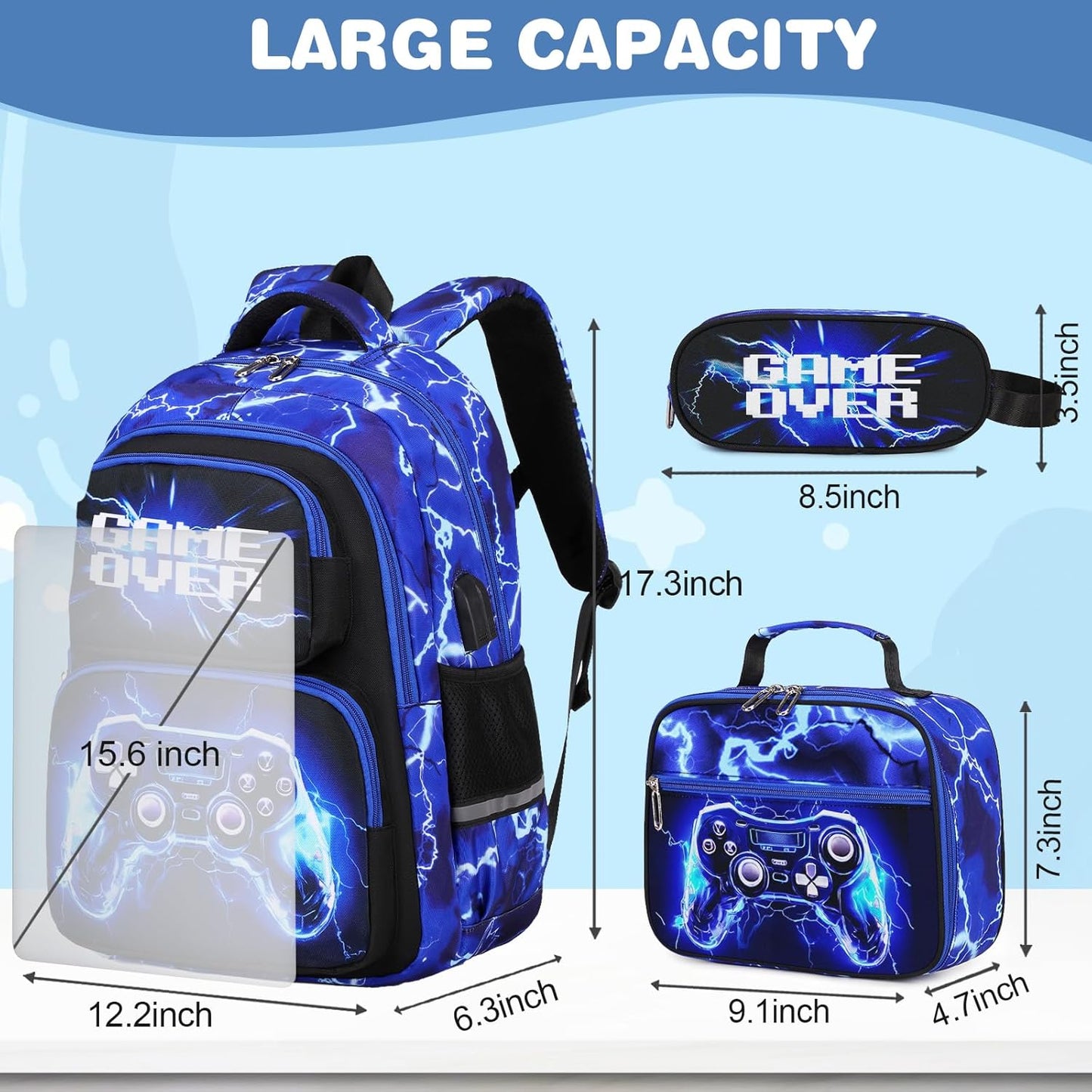 Bevalsa Backpack for Boys, School Bags for Kids, Bookbag for Boys Girls Children Teens Backpacks for Elementary Middle High school Student, Bookbag and Lunch Bag Set with USB Charging Port (Lightning)