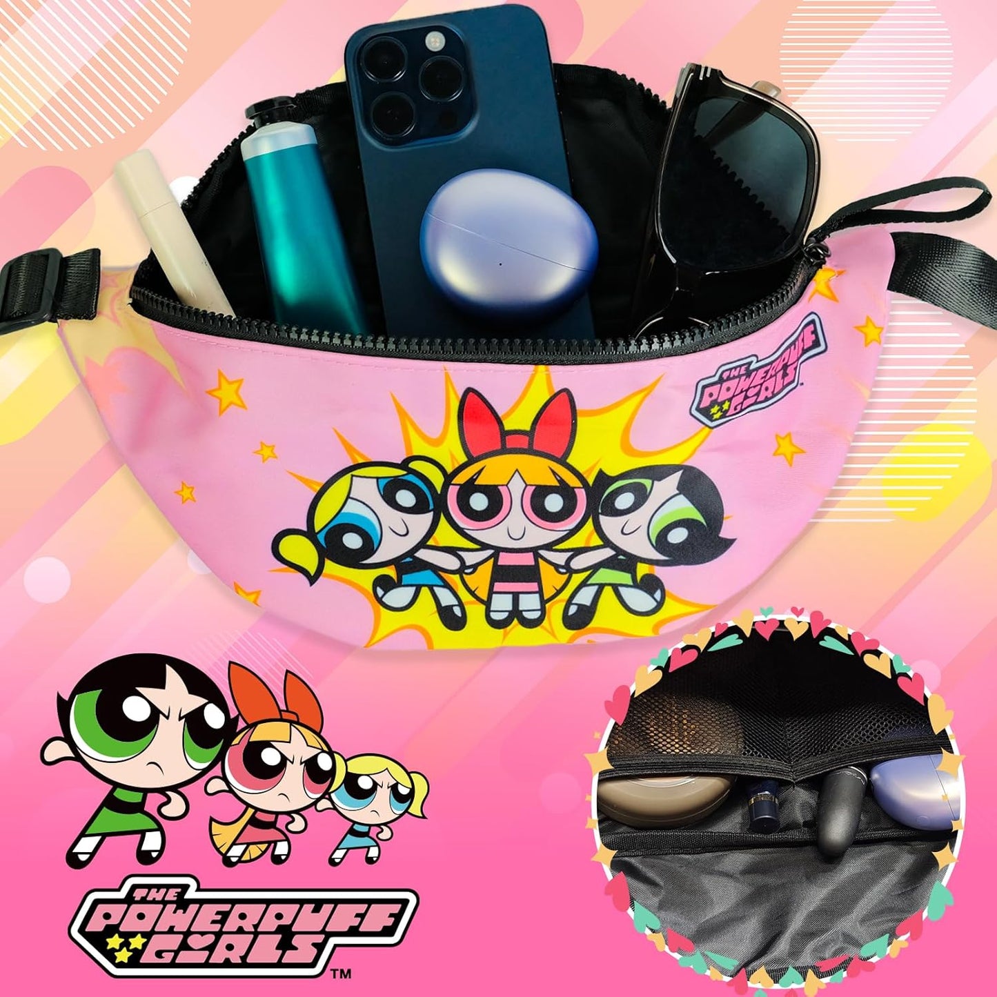 The Powerpuff Girls Fanny Pack Pink Running Belt, Cartoon Waist Pack Bum Bag with Adjustable Strap, Pink Belt Bag for Travel Cycling Everyday Use Christmas Gift