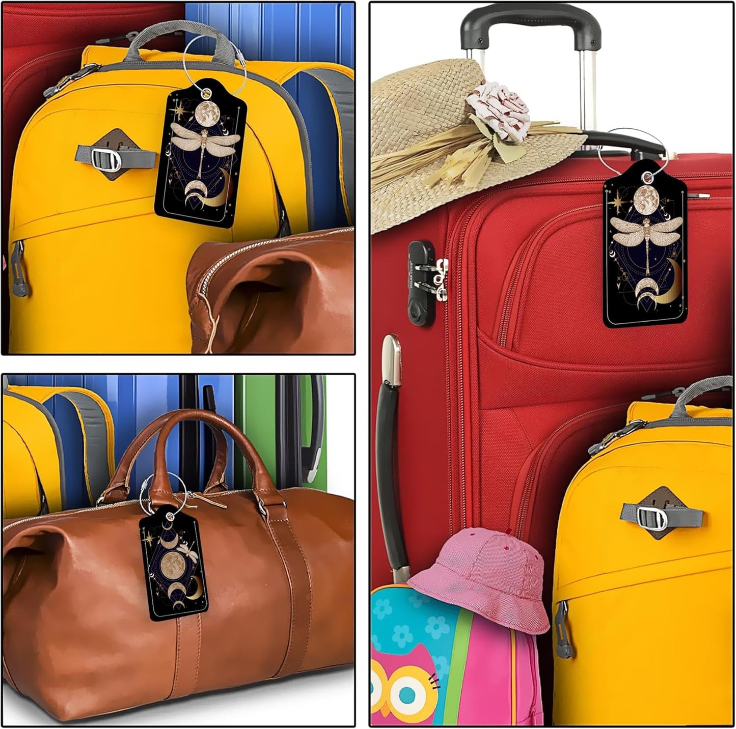 Geometric Magical Dragonflies, Moon, Stars PU Leather Luggage Tags for Suitcase, Travel 2 Pack with Privacy Flap, Name ID Label and Metal Loop for Women Men Girls Baggage Bag Backpack
