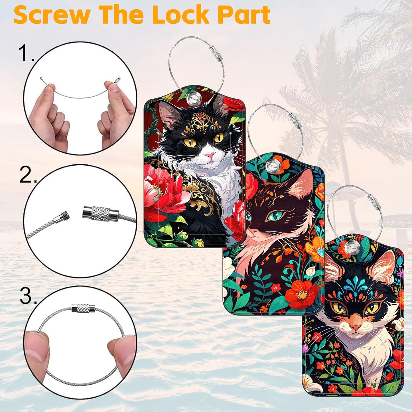 Luggage Tags for Suitcase 3 PCS Black Cat Leather Travel Luggage Tag with Stainless Steel Loop Name ID Label Privacy Cover for Women Men Travel