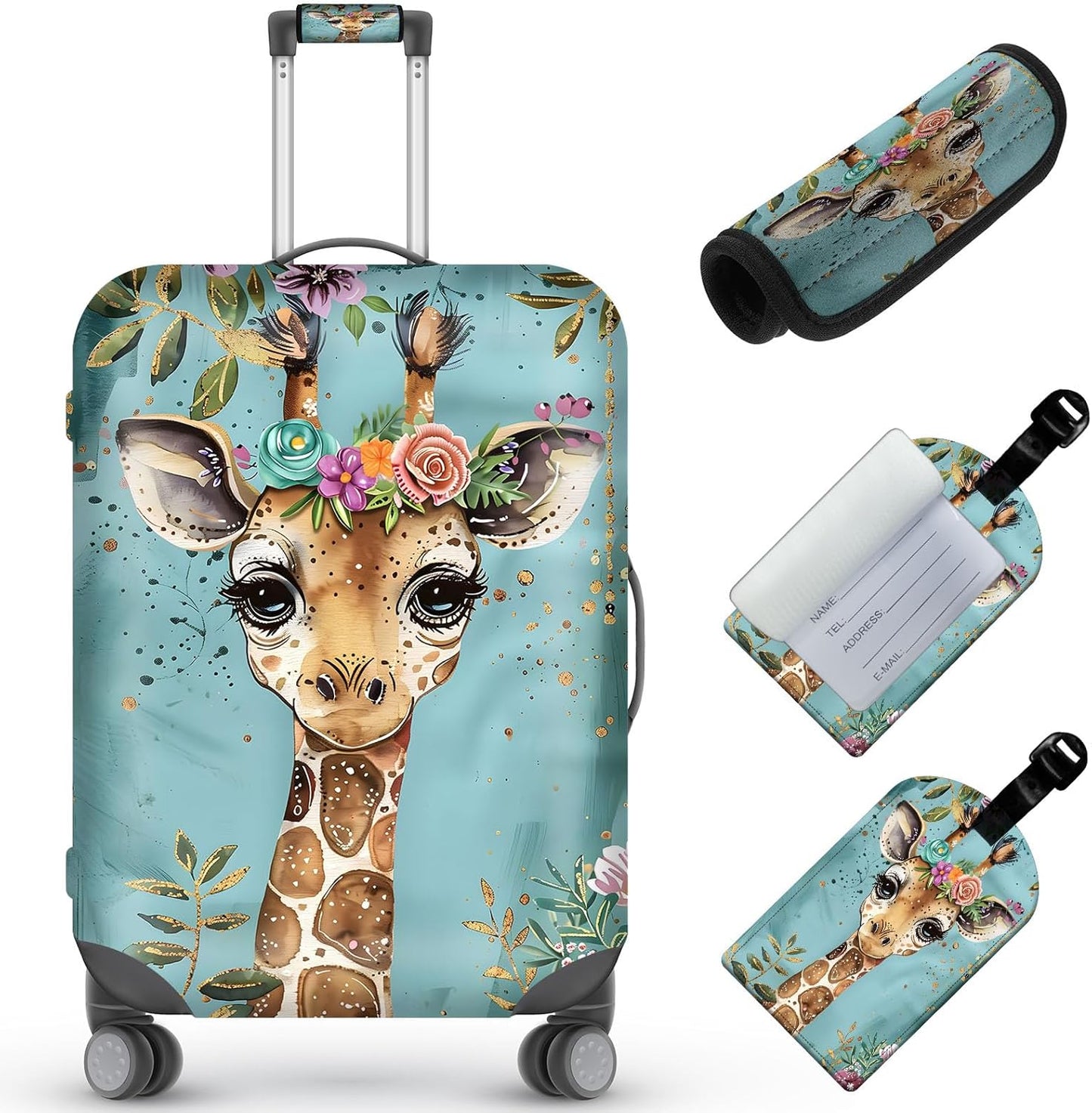 Travel Luggage Cover,Baby Girafee FlowersTheme Suitcase Cover Accessory Kit, Luggage Tag, and Comfortable Luggage Handle Wrap, Washable Luggage Suitcase Protector (22-24 inch,M)