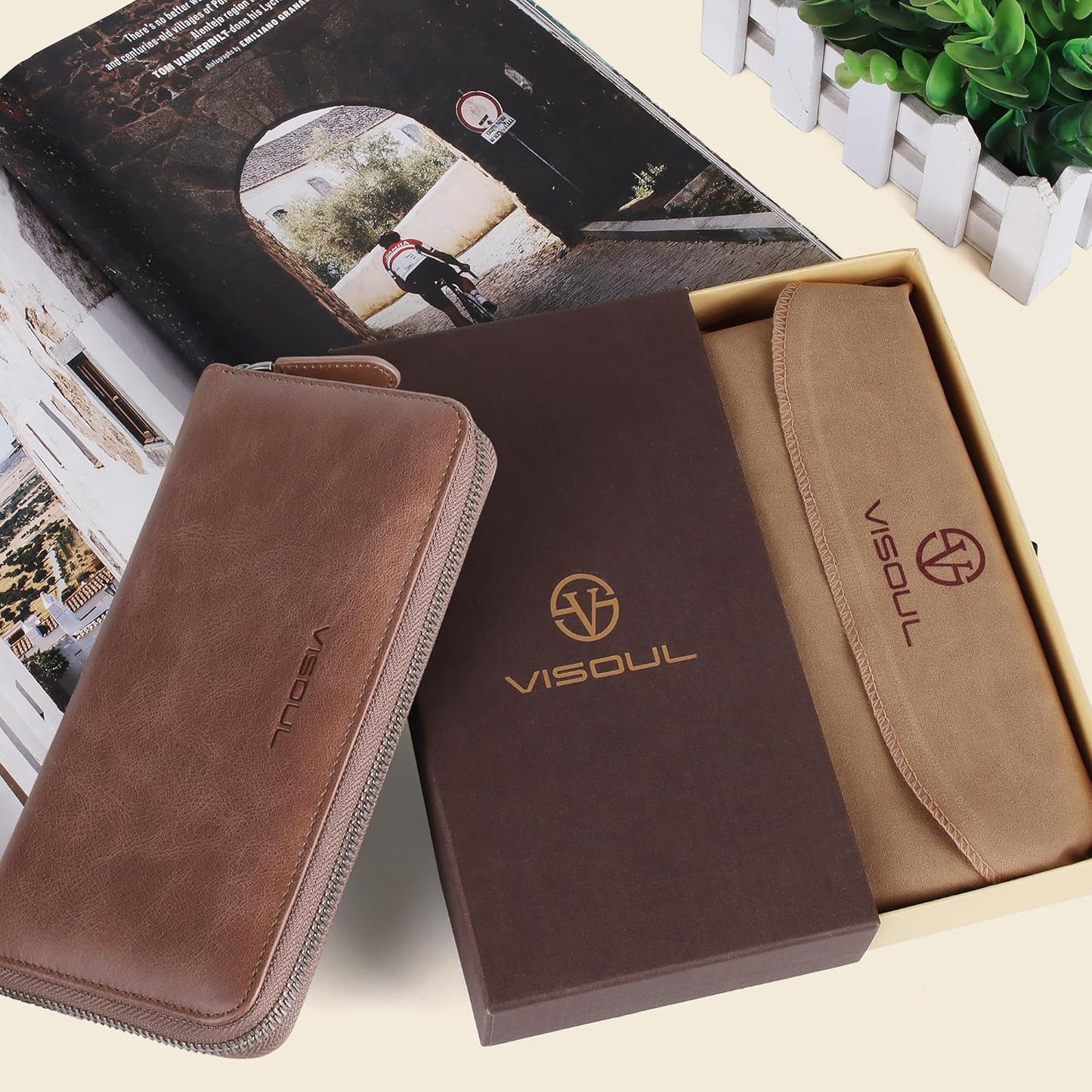 VISOUL Leather Long Zipper Pouch Wallet for Men and Women with RFID Blocking, Large Clutch Cash Long Wallet with Zipper (Brown)
