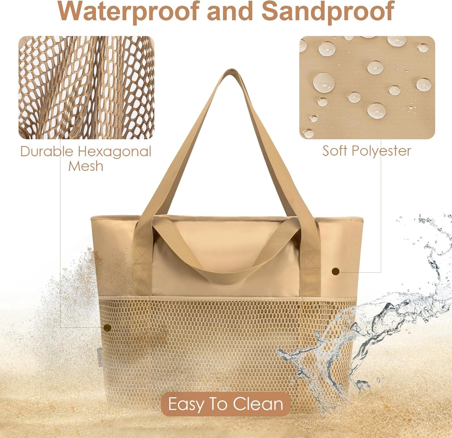 KABAQOO Large Beach Bag Waterproof Sandproof Tote Bag for Women with Zipper & Mesh Pockets for Pool Swim Travel Everyday