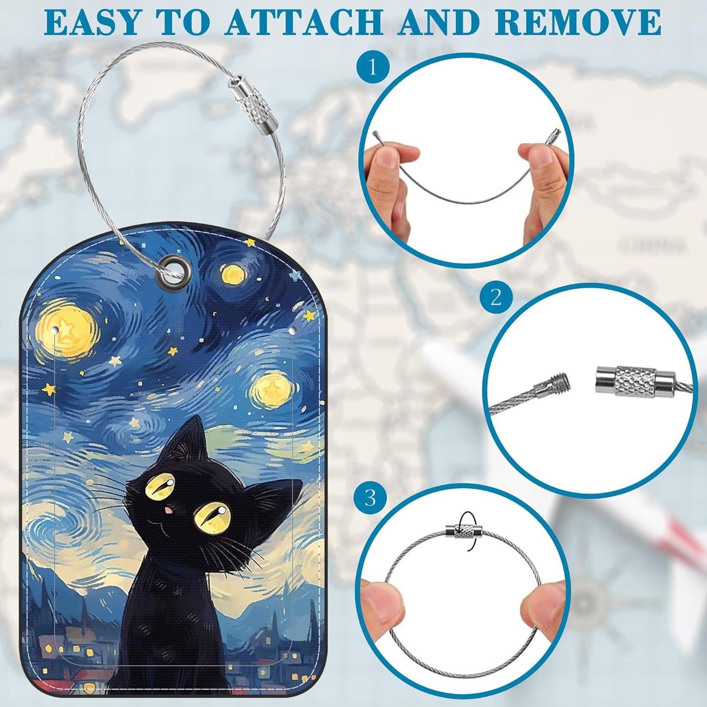 Black Cat Sky Leather Luggage Tag for Suitcase 2 Pack Luggage Tag with Privacy Name ID Label and Stainless Steel Loop for Travel Bag Suitcase