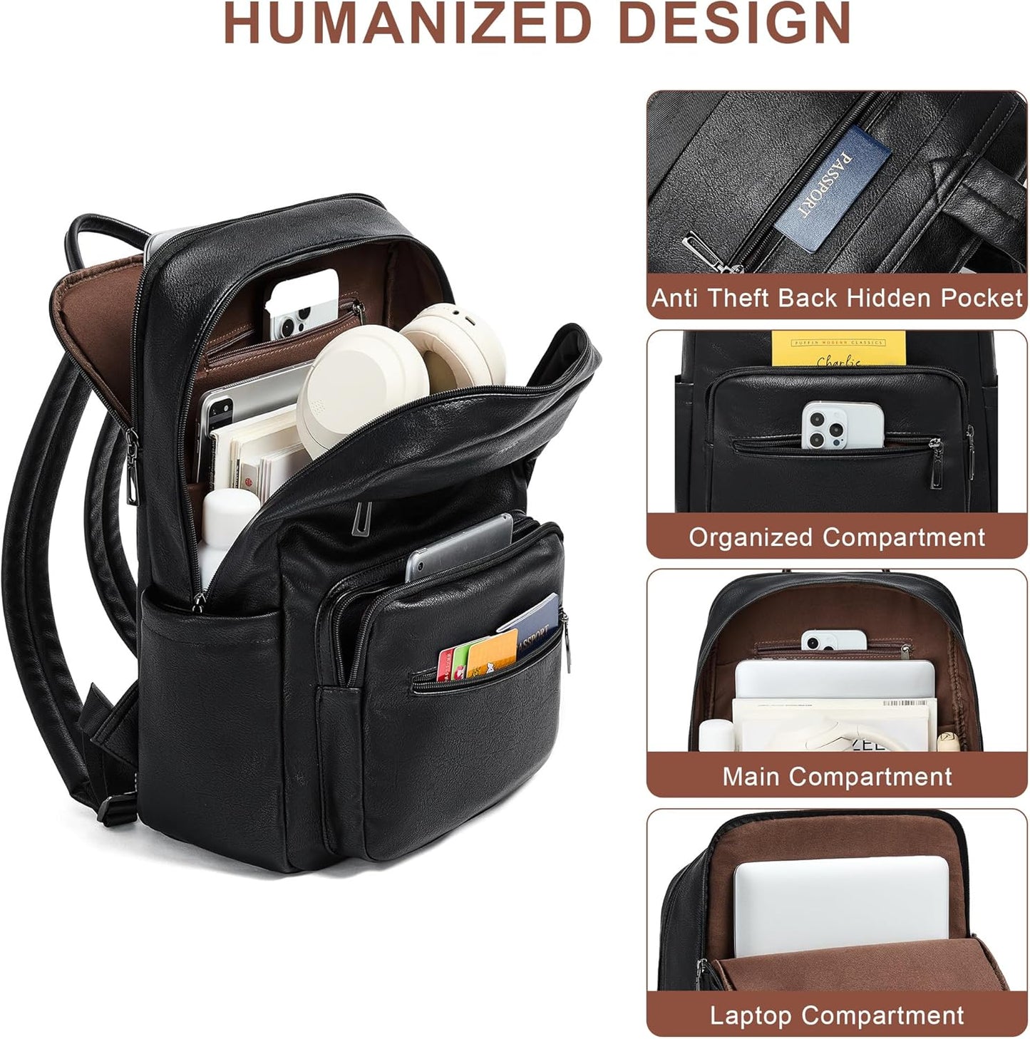Leather Laptop Backpack for Women 15.6 Inch Laptop Travel Backpack Purse Casual Daypack with Laptop Compartment for College Work Nurse Business Weekender, Black