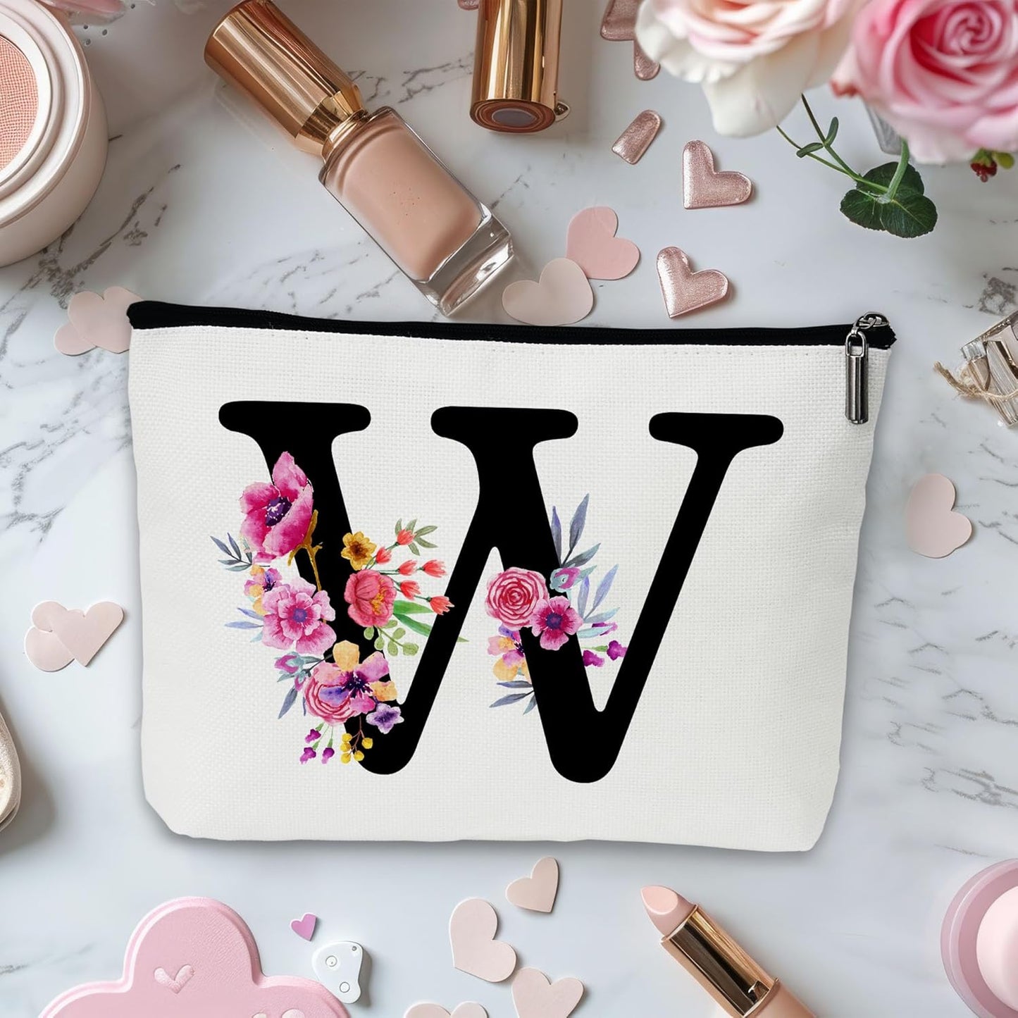 Personalized Letter W Makeup Bag for Women, Birthday Gifts for Mom, Small Zipper Pouch for Purse, Christmas Bridesmaid Friendship Gifts for Sister Daughter, Girls Weekend Gifts for Women-A23