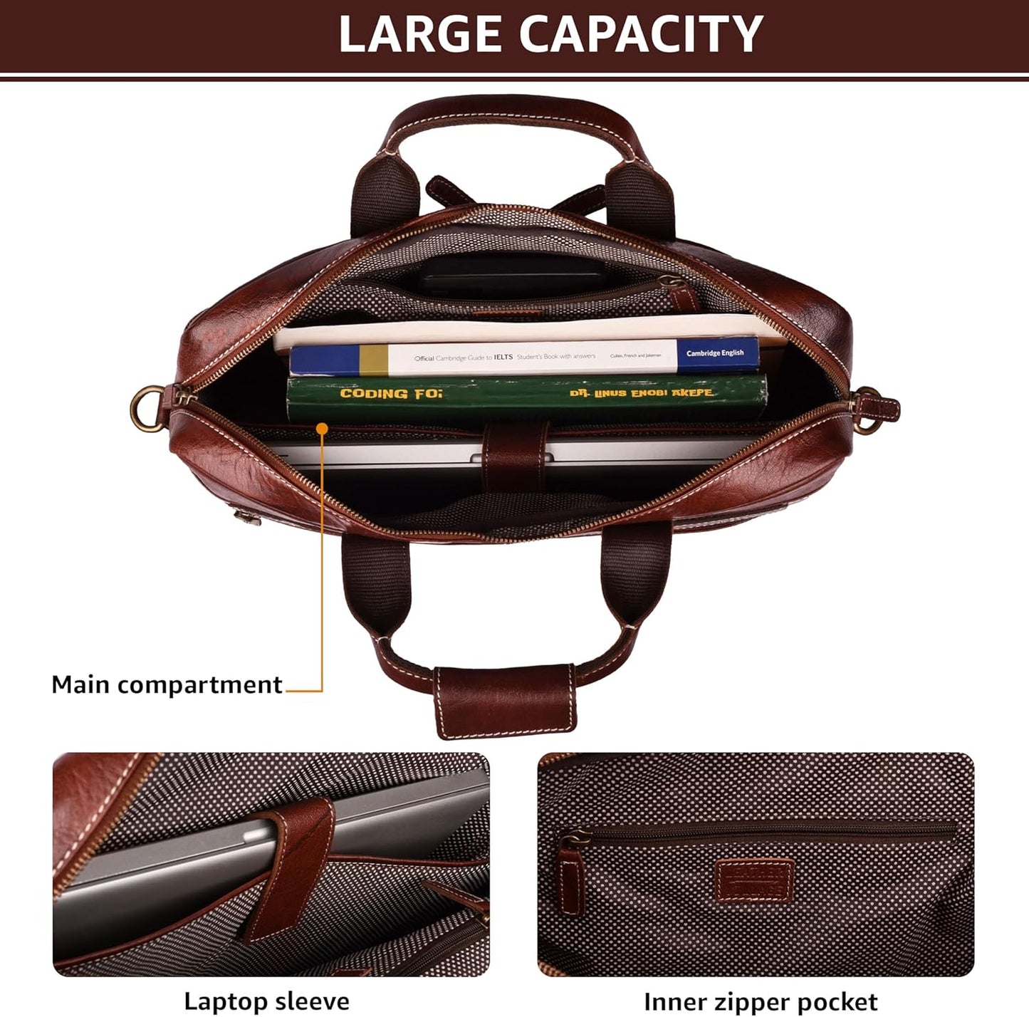 LEATHER VILLAGE 18" Leather Laptop Messenger Briefcase Bag for Men-Leather Satchel for Travel and Office Shoulder Bag-Red Brown
