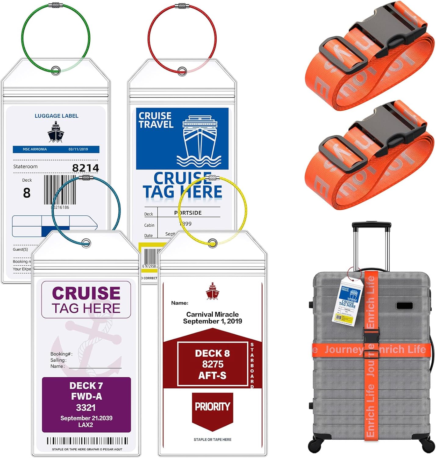 Clear Waterproof Cruise Luggage Tag Holder and Luggage Strap for Carnival, MSC, Costa, NCL & Princess Cruise Ships, Cruise Ship Travel Essential for 2025-2026 (Orange)
