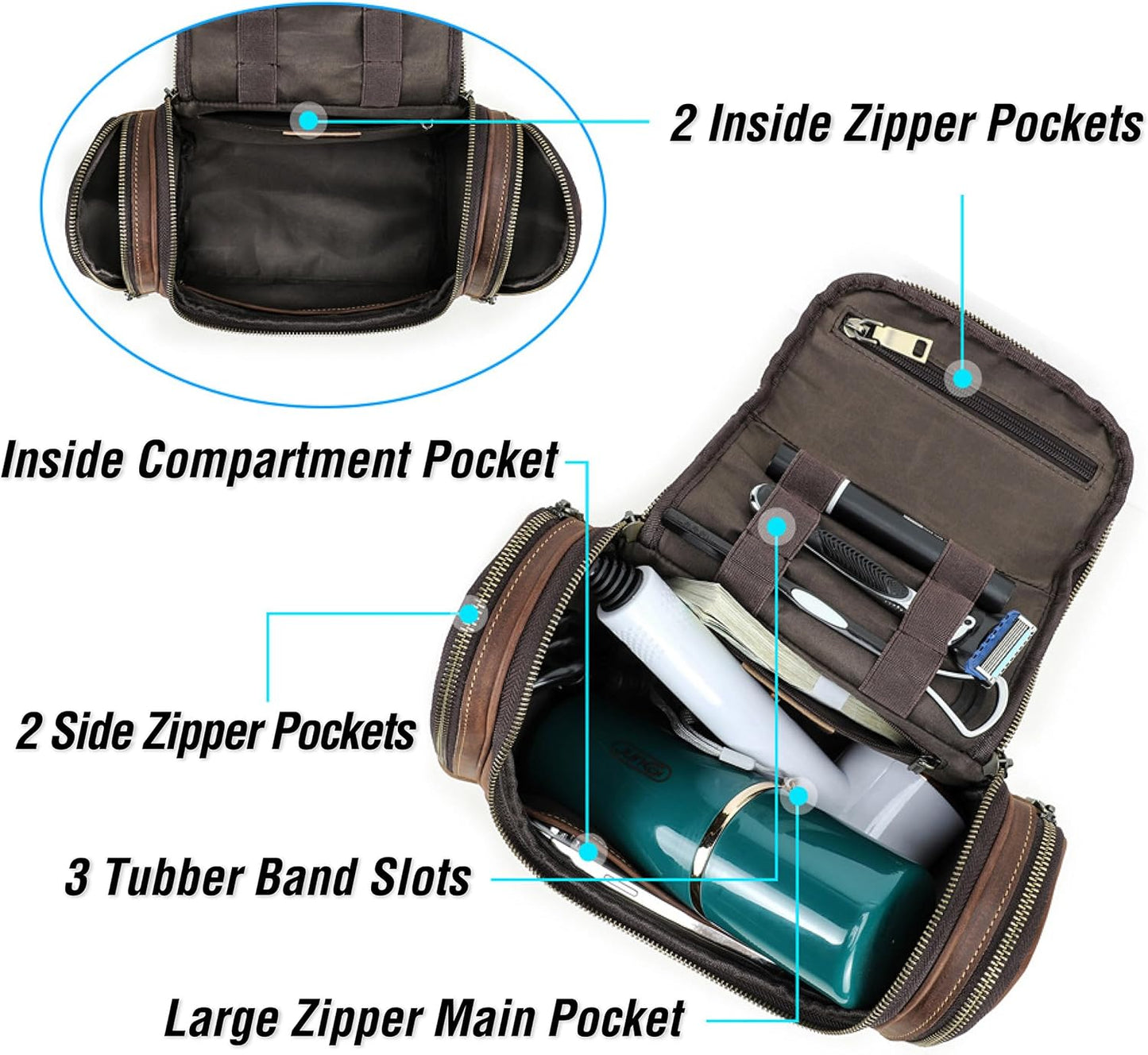 Top Grain Leather Travel Toiletry Bag Organizer for Man & Woman, Vintage Design, Large Size & Multi Pockets, Portable Large Capacity Travel Dopp Kit for Daily Toiletries/Cosmetics/Makeups, Coffee