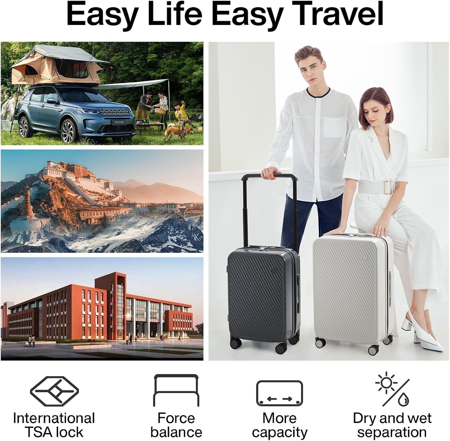 mixi Luggage Suitcases With Spinner Wheels,Upgrade Wide Handle PC Hardshell Rolling Travel Suitcase with TSA Lock, Checked-Medium 24-Inch, Rock Gray