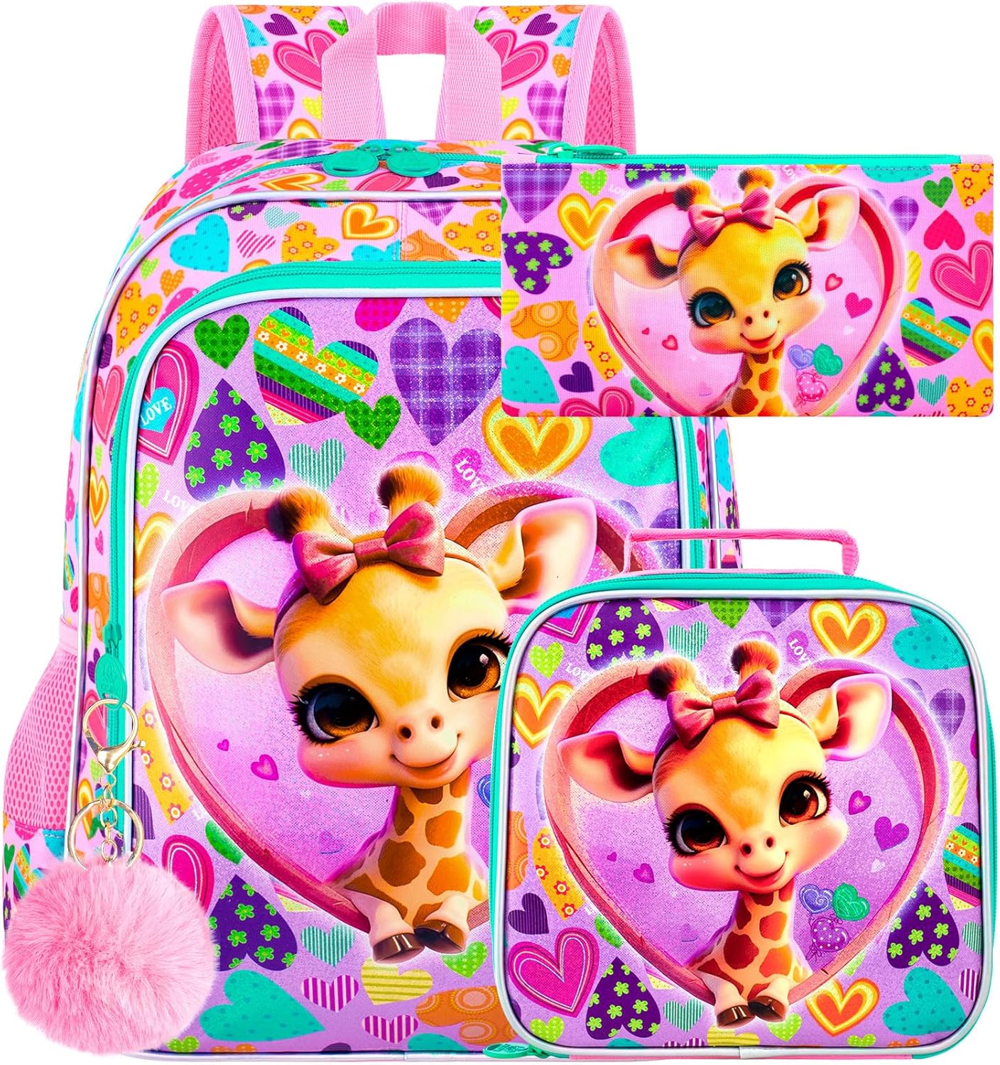 3PCS Girls Backpack, Kids Water Resistant Heart Bookbag Set with Lunch Box, Cute Kids School Bag for Preschool Toddler