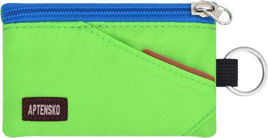 RFID Travel Wallet with Adjustable Lanyard-Zipper Small Wallet with ID Card Holder, Keychain for women&men-Minimalist Slim Waterproof Nylon case for ID, Cash, Key (Green)