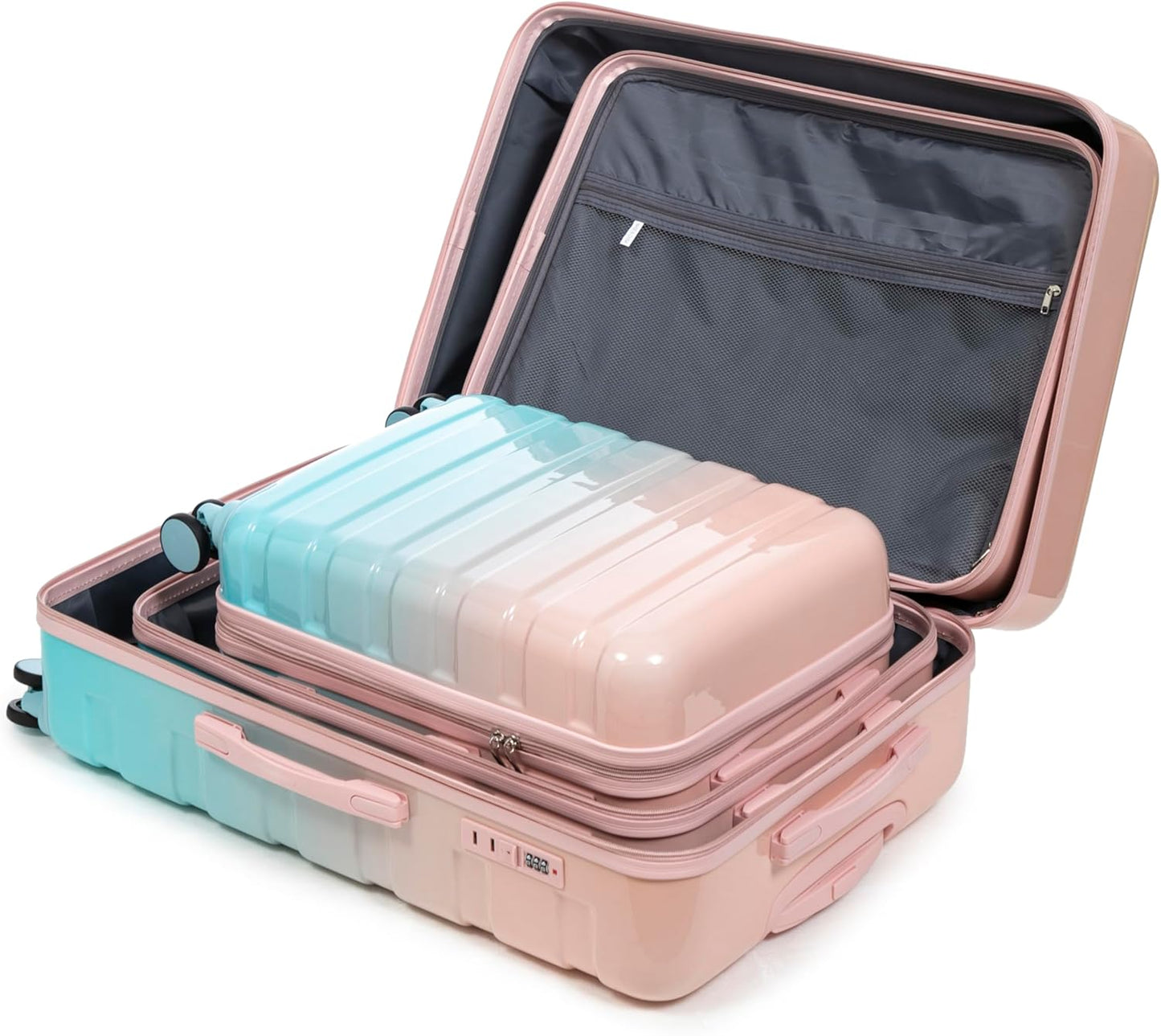 Campfun 3 Piece Luggage Sets, PC Gradient Color Suitcase Set with Double Spinner Wheels Hang Hook, Durable Carry On Luggage with Combination Lock, 20/24/28 inch, Pink+Blue