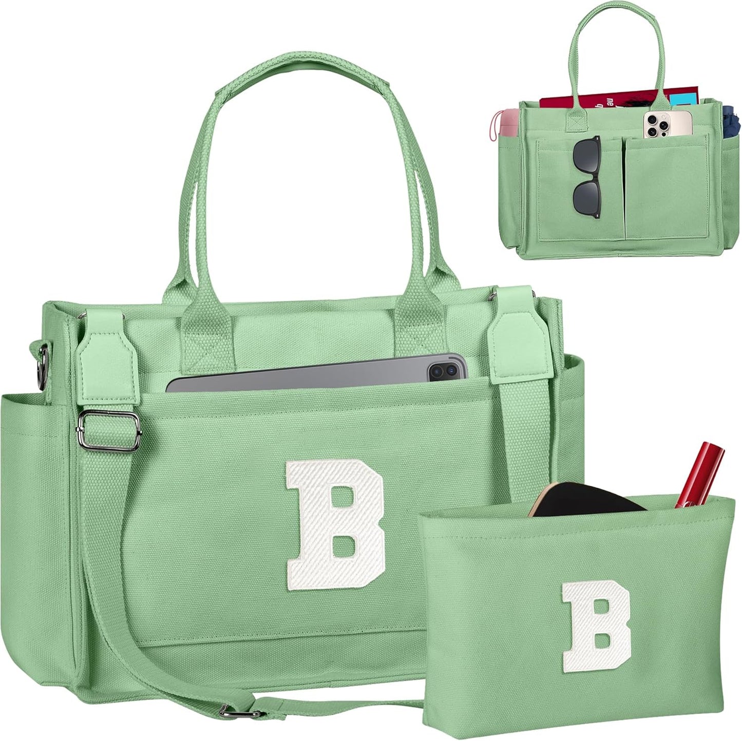 Gifts for Women Teen Girls, Initial Tote Bag with Zipper, Letter Canvas Tote Purse for College Work Laptop Beach