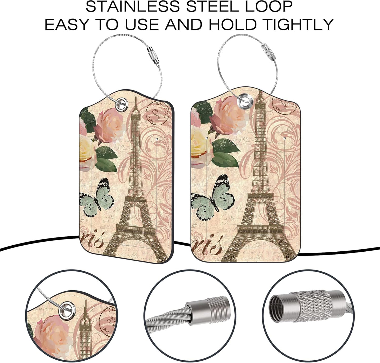 2 Pack Luggage Tags for Suitcase,Roses and Eiffel Tower PU Leather Idea Baggage Tag with Name Labels Privacy Cover Metal Ring Men and Women Travel Cruise Labels