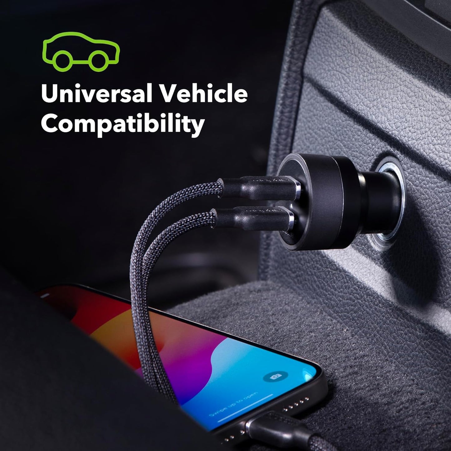 Mophie 60W Dual USB-C Car Charger, Universal AUX Compatibility, LED Indicator, Fast Charging, Multi-Device