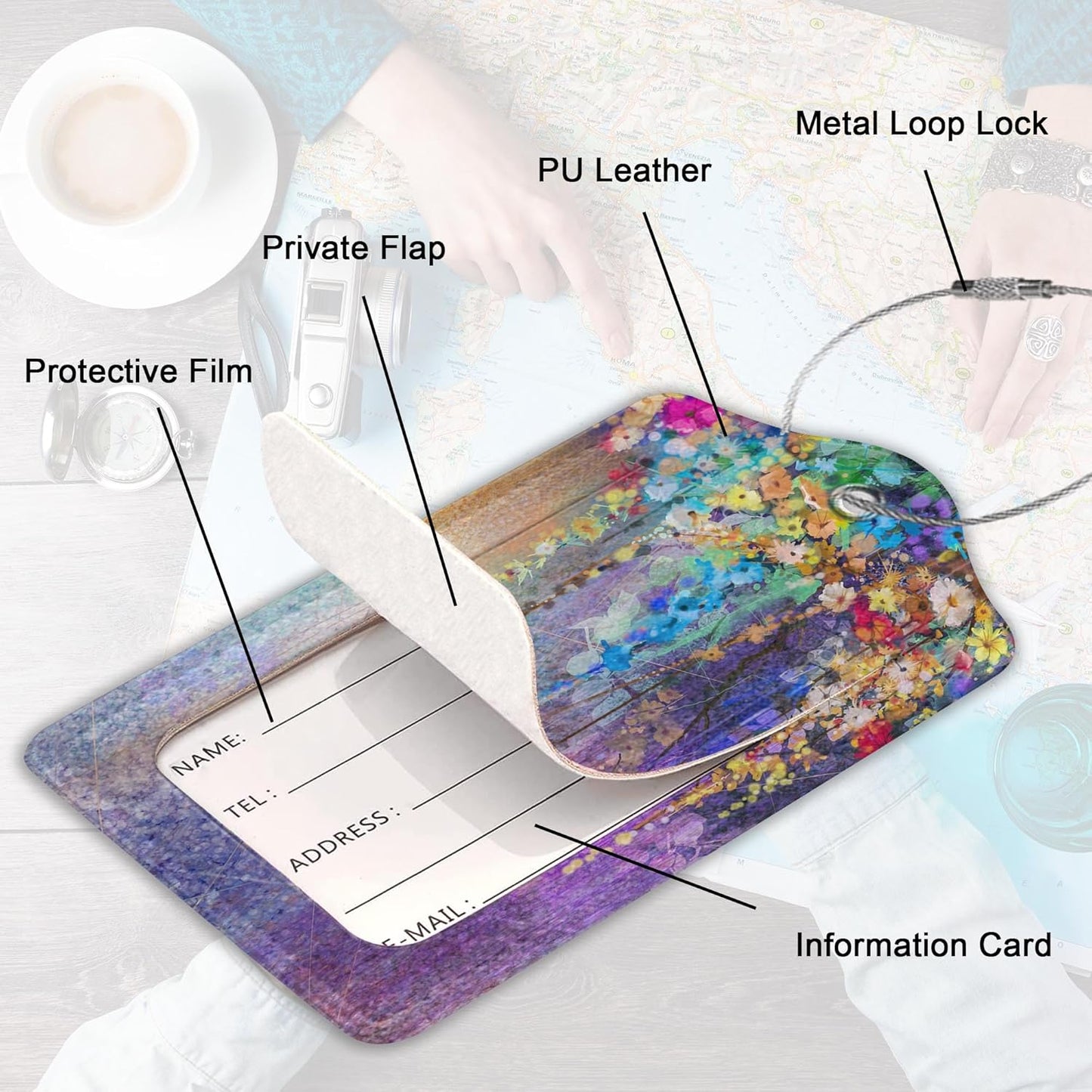 2Pcs Luggage Tag for Suitcase Watercolor Purple Flowers Cute Suitcase Tag with Privacy Flap & Name ID Label & Metal Loop,Travel Bag Luggage Tags for Women