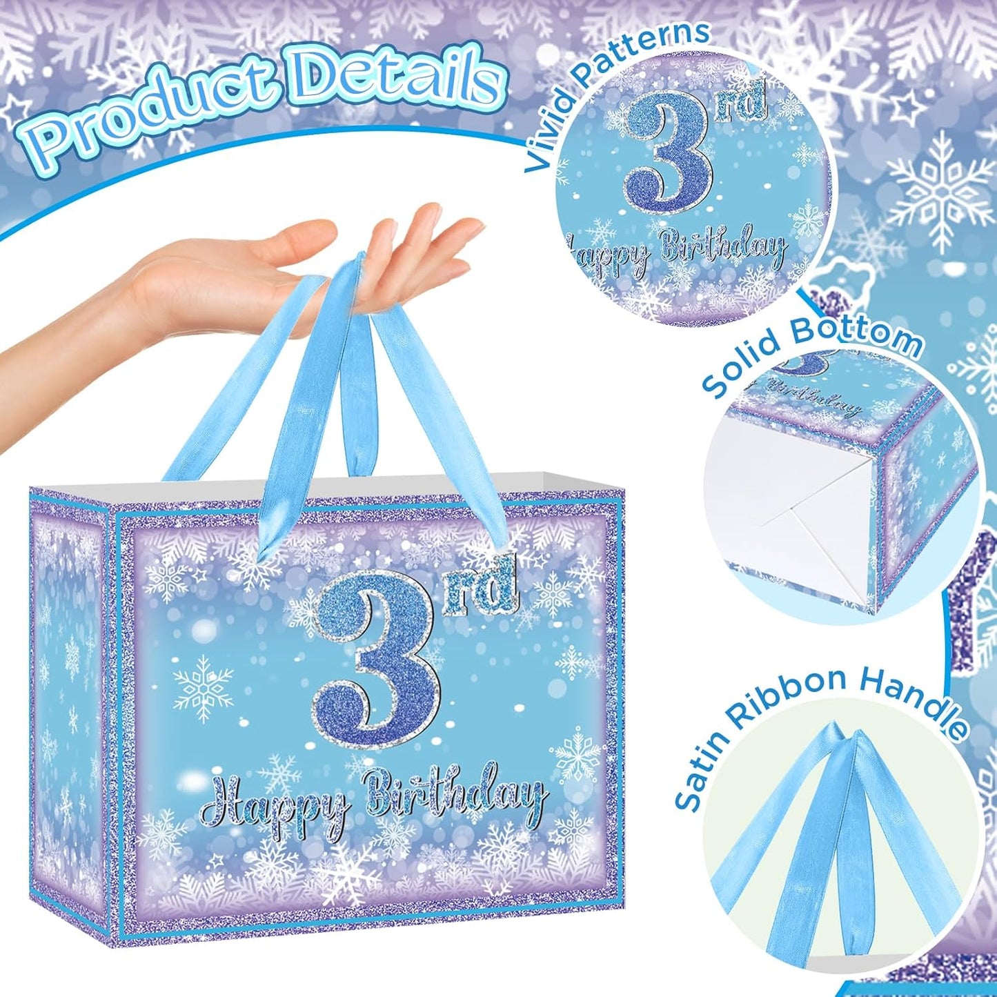 Frozen 3rd Birthday Gift Bag for Girls, Large Purple Blue Snowflake Third Birthday Bags with Tissue Paper and Greeting Card Snow Frozen 3 Years Old Party Favor Bags for Girls 3rd Bday Christmas Gift