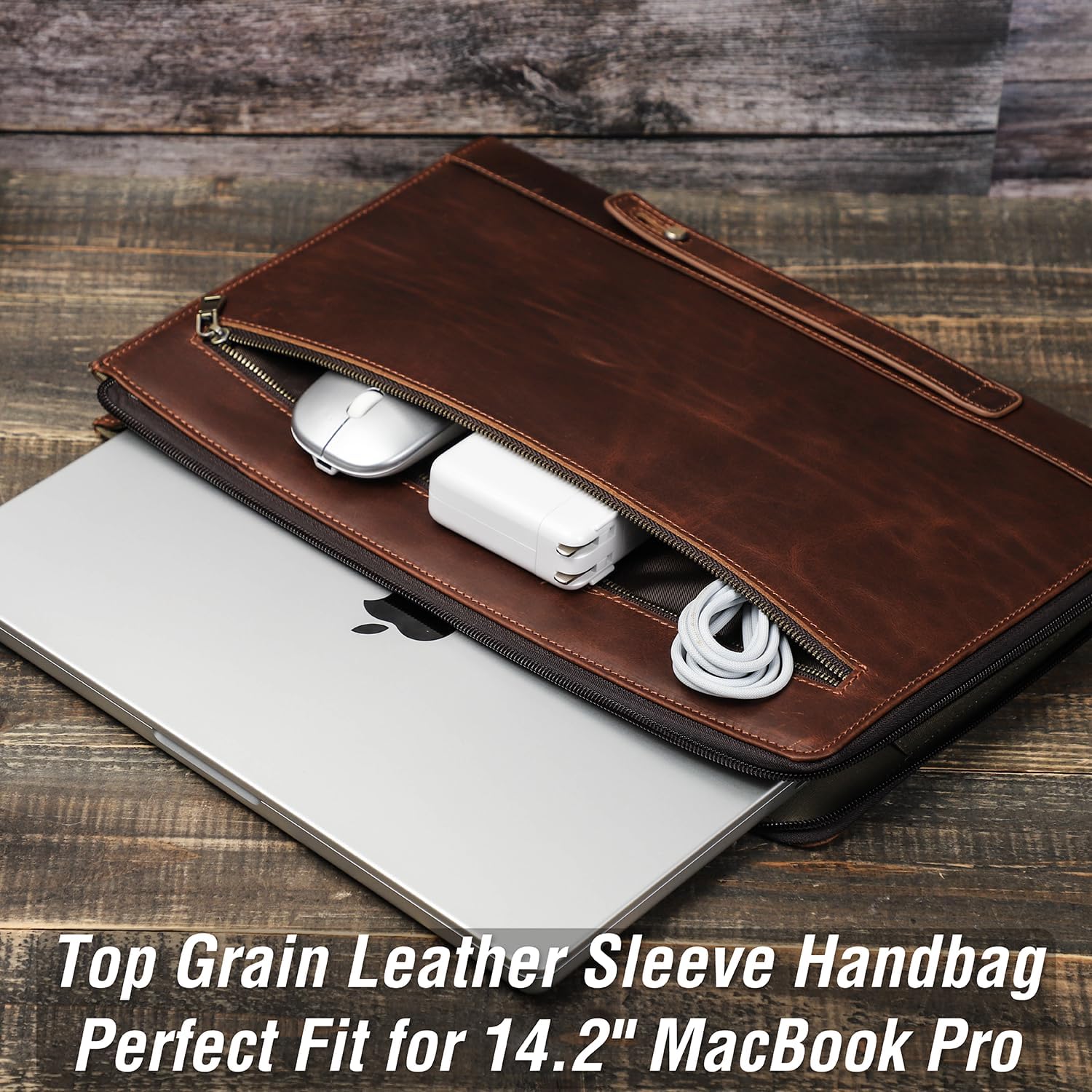 Top Grain Leather 14.2" Slim Laptop Handheld Zipper Bag, Vintage Design & 2 Pockets, Handmade