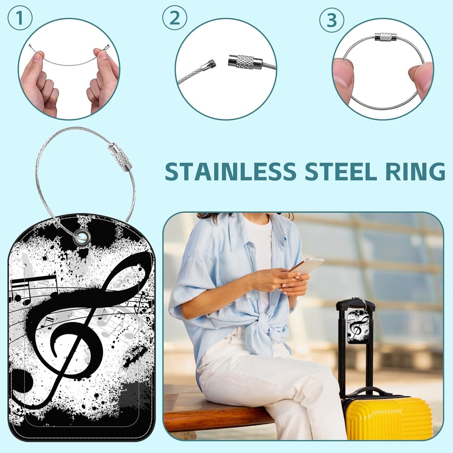 2 Pack Cute Luggage Tag for Suitcases Music Notes Leather Luggage Tags with Stainless Steel Loop Privacy Flap Name Tags,Men and Women Travel Bag Suitcase Tags