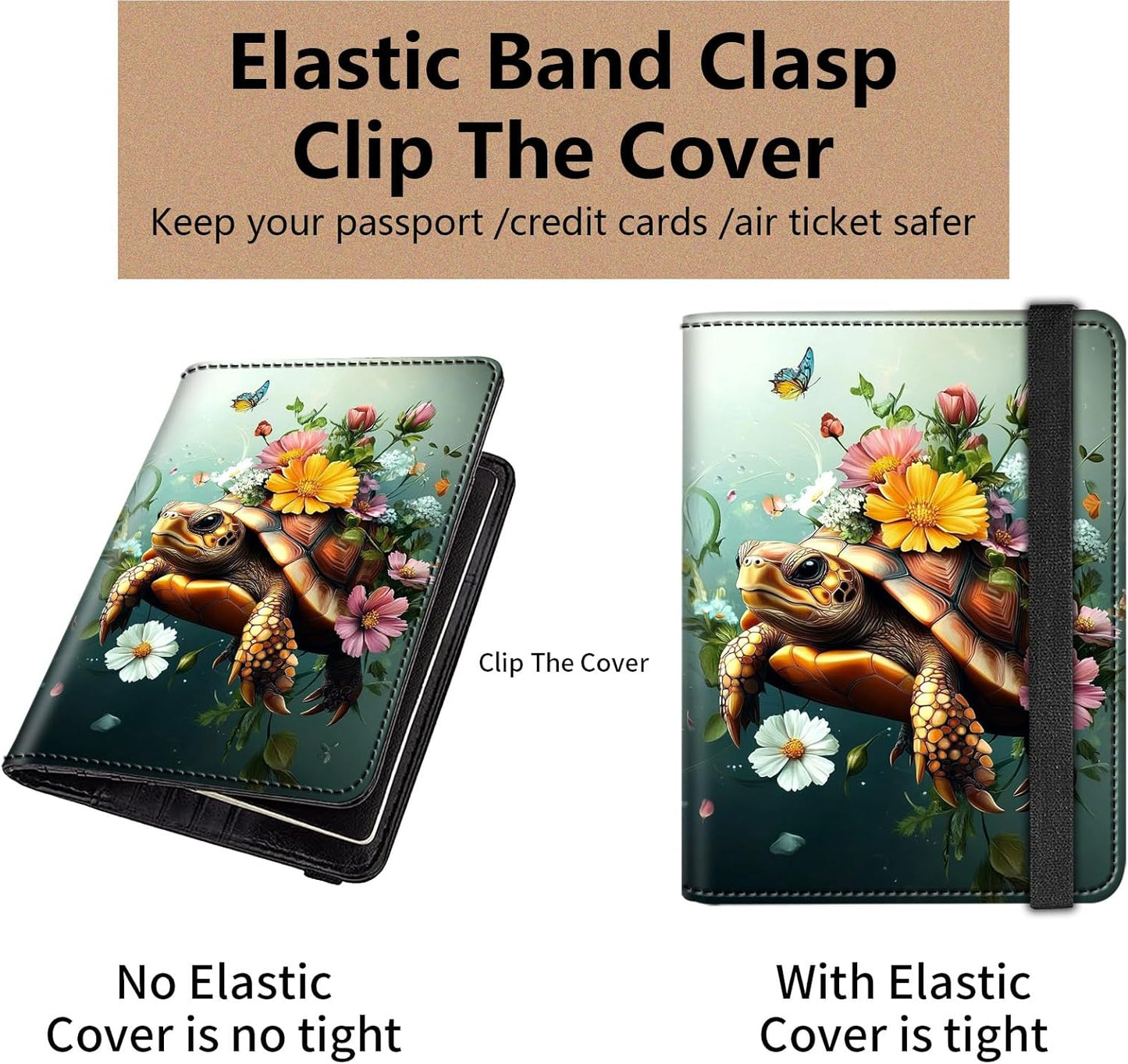 Passport and Vaccine Card Holder Cover Combo,Travel Passport Holder Wallet with RFID Blocking, Leather Vaccine Card Slot Passport Cover Case for Women & Men,Cute Turtle with Flowers