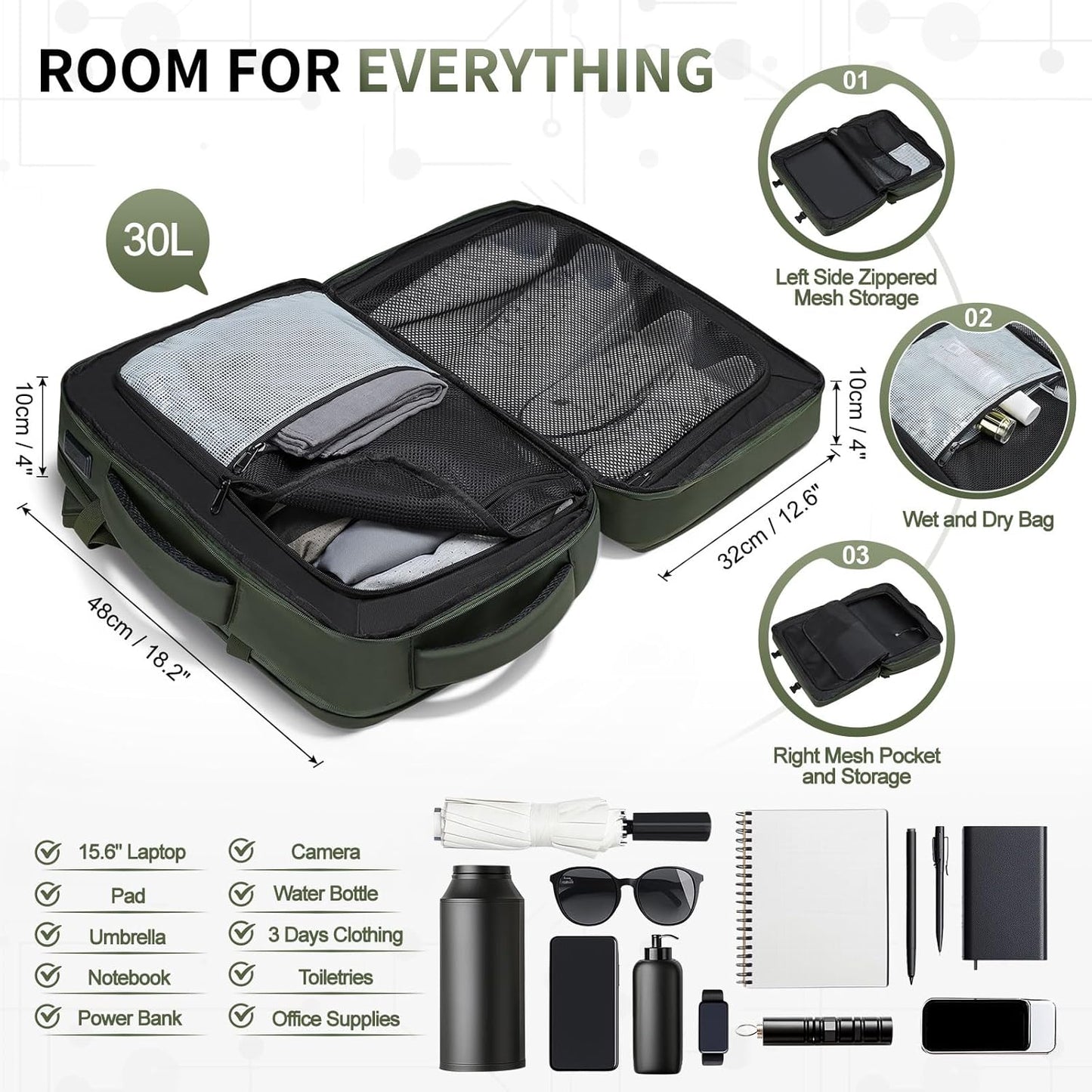 Business Travel Carry on Backpack, Lay Flat Luggage Style Bag with USB C & A, 16-inch Suitcase Capacity, Airline Approved, Green