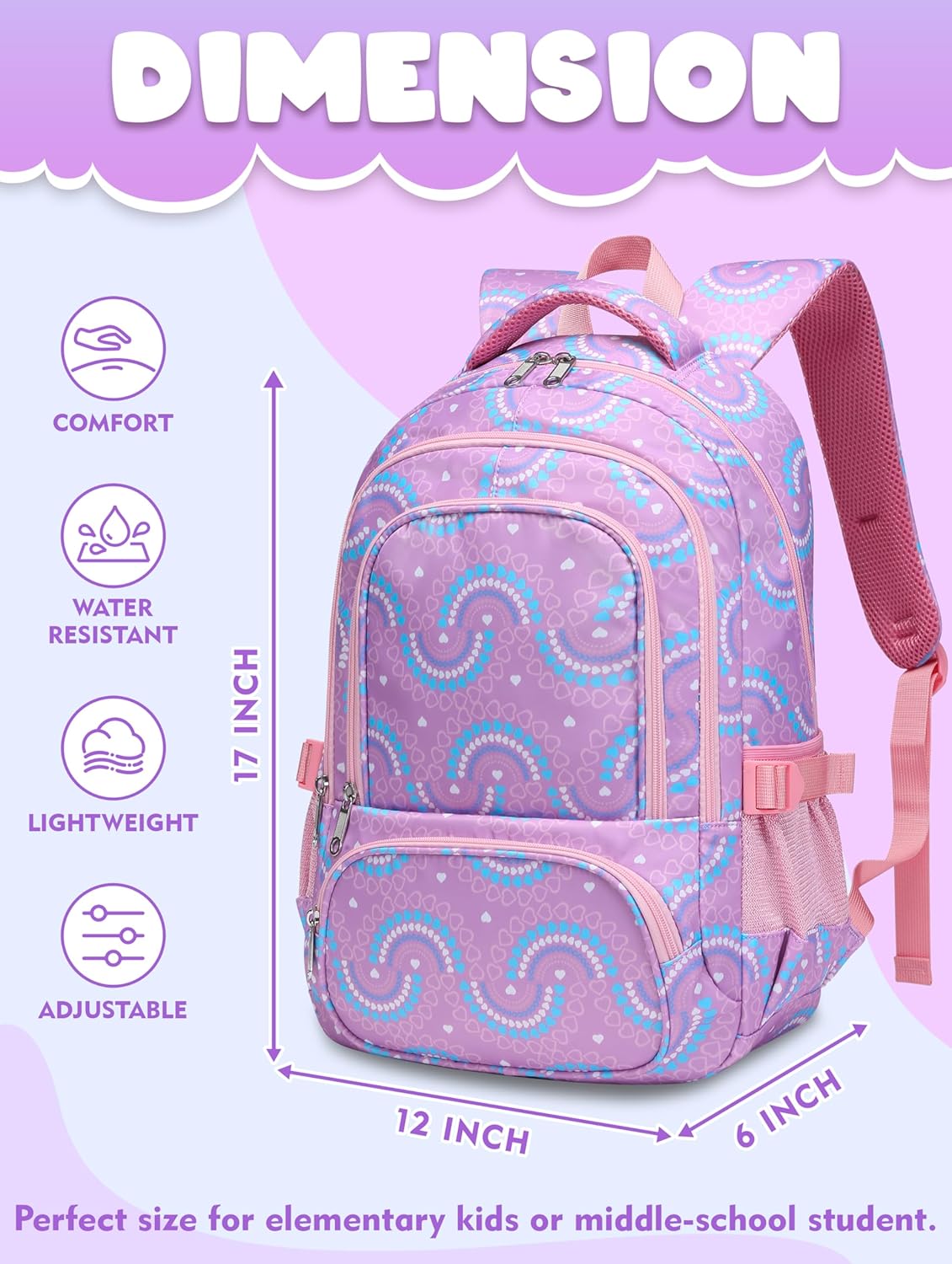 BLUEFAIRY Kids Backpacks for Boys Girls Elementary Primary Middle School Bookbags Back to School Bags for Childs Age 6-8 Mochilas Escolares para Niños Niñas 17 Inch Purple