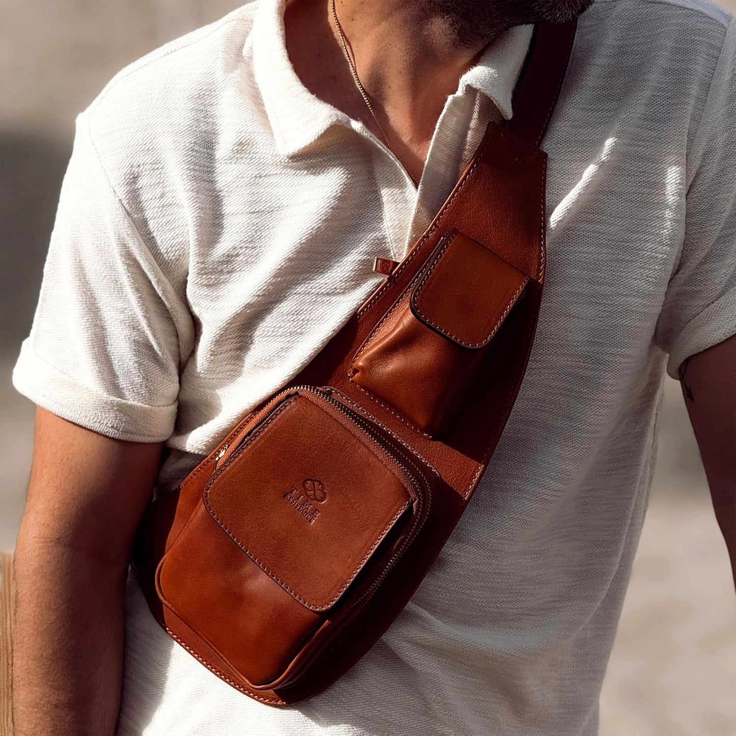 Time Resistance Leather Sling Bag - Crossbody Bag - Messenger Bag for Men and Women - Handmade Shoulder Bag Backpack