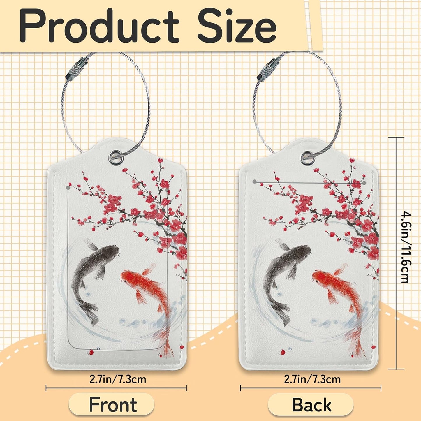 Japanese Cherry Blossom Luggage Tags for Suitcase,3 Pack Fujiyama Mountain Luggage Tag Leather Privacy Cover ID Label with Stainless Steel Loop for Women Men