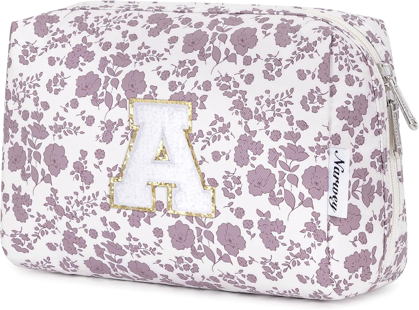 Narwey Christmas Gifts for Teen Girls Kids Women Personalized Initial Floral Makeup Bag Cute Cosmetic Trendy Stuff 6 8 10 11 12 13 14 16 18 Years Old Travel Toiletry Bag (Little Dusty Pink Flower A)