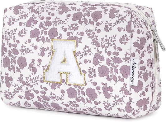 Narwey Christmas Gifts for Teen Girls Kids Women Personalized Initial Floral Makeup Bag Cute Cosmetic Trendy Stuff 6 8 10 11 12 13 14 16 18 Years Old Travel Toiletry Bag (Little Dusty Pink Flower A)
