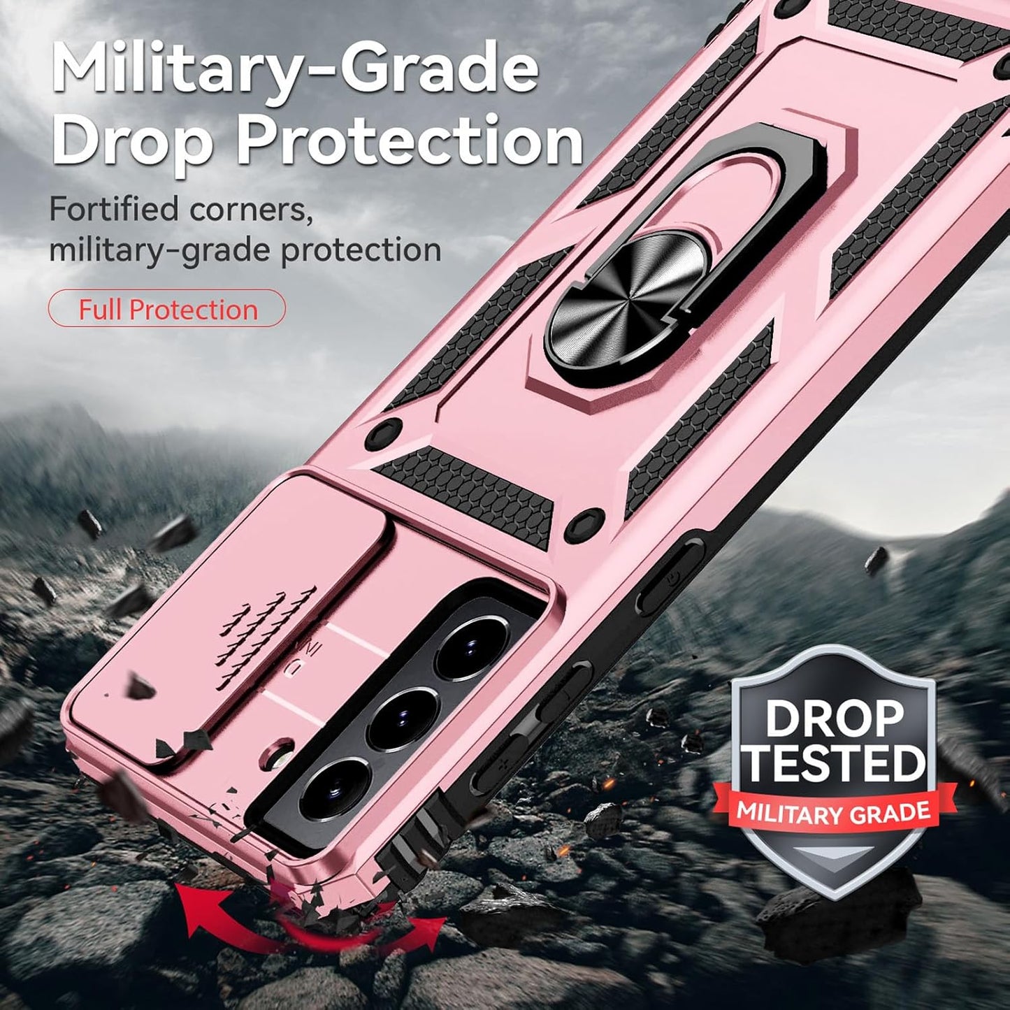 for Samsung S21 FE Case with Screen Protector: [Military Grade 20ft. Drop Tested] Ring Shockproof Protective Phone Case for -Samsung Galaxy S21 FE (Rose Gold)