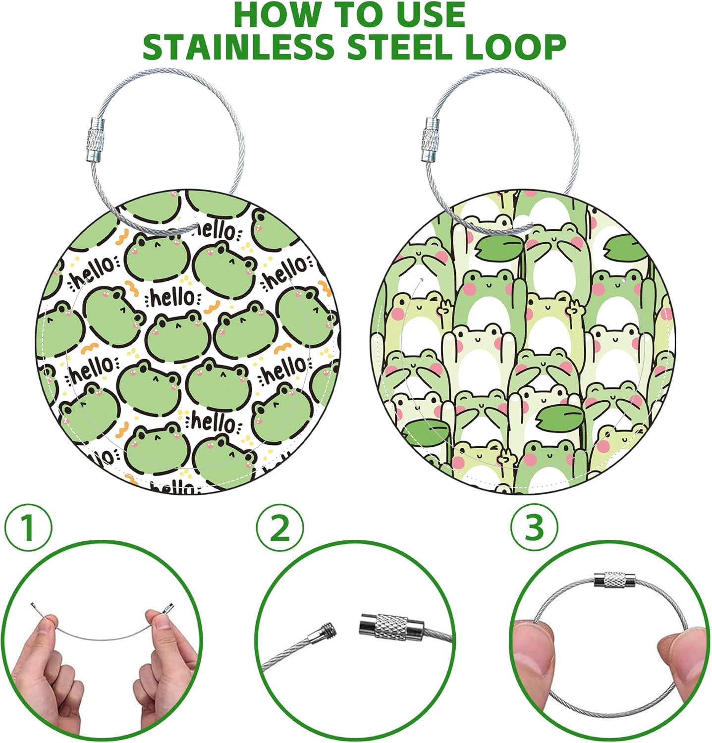 Round Cute Luggage Tags 2 Pack Cute Frog Creative Baggage Tags,Cruise Travel Baggage Suitcases Tag with Stainless Steel Loop ID Tag Privacy Flap